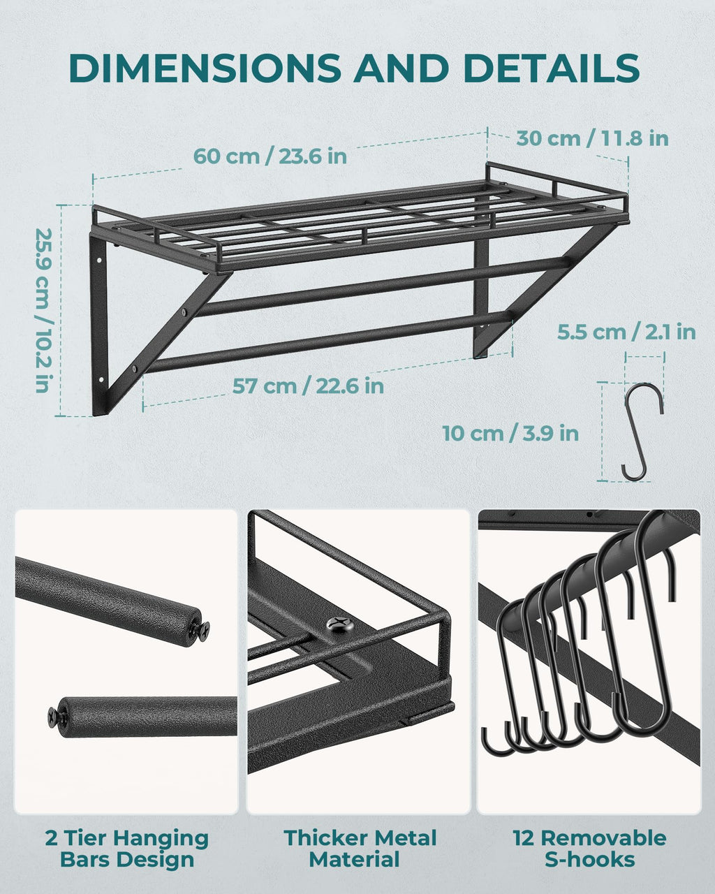 OROPY Wall Mount Pot Pan Rack | 60cm Metal Kitchen Shelf with 12 Hooks