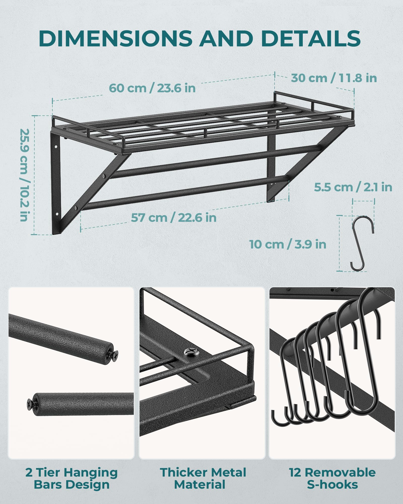 OROPY Wall Mount Pot Pan Rack | 60cm Metal Kitchen Shelf with 12 Hooks