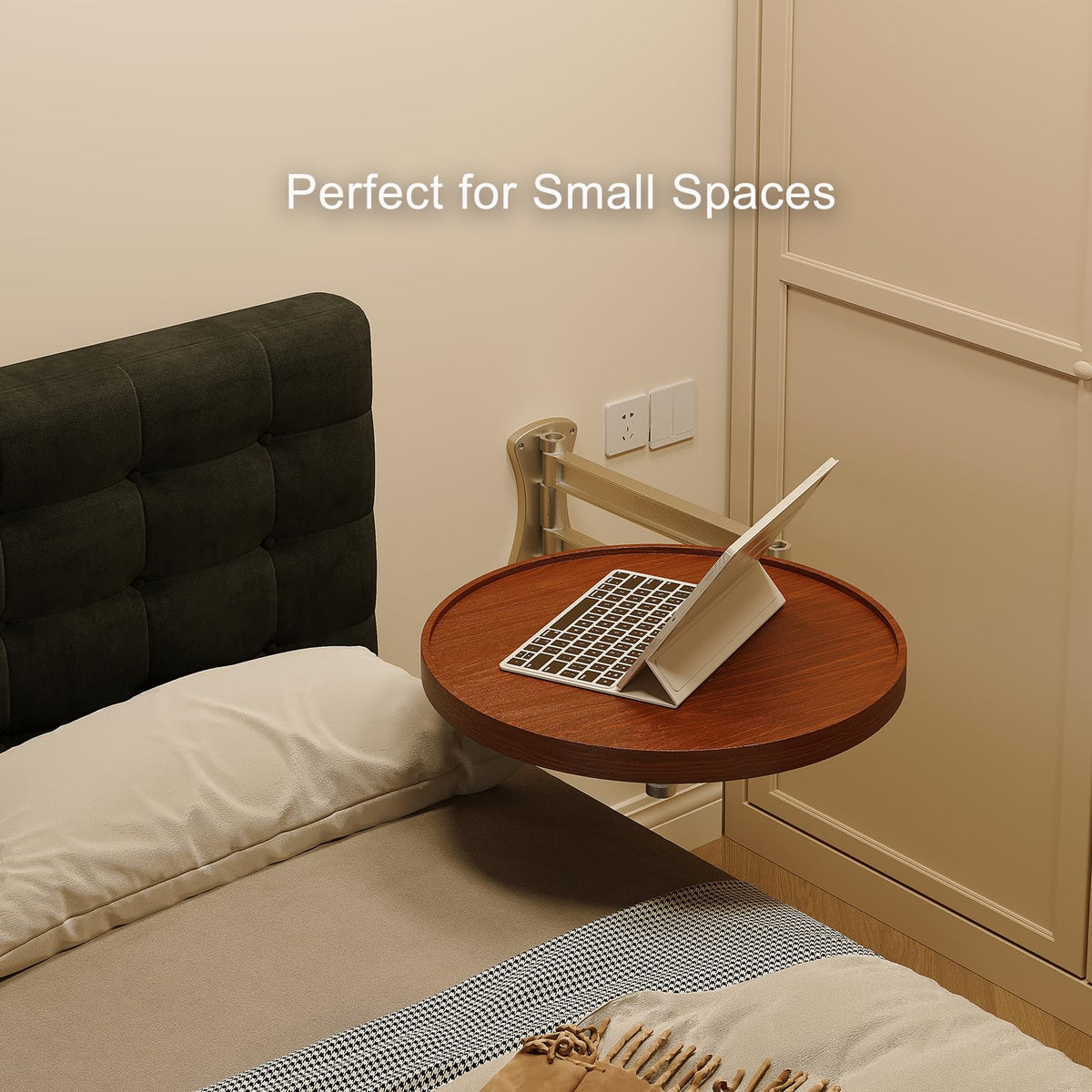 Vanpoo Wall Mounted Folding Table,Walnut Bedside Shelf Wall Mount Floating Wall Desk for Small Spaces,11.8" Round Wood TableTop with Aluminum Alloy - image 2