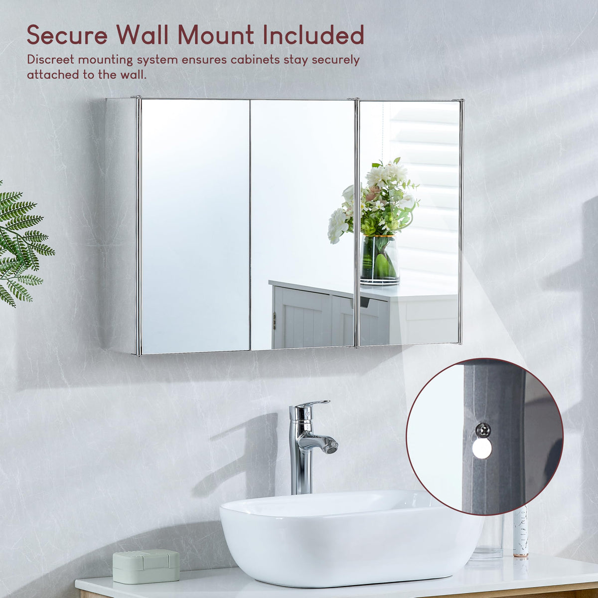 Bath Vida Tiano Triple-Mirror Bathroom Cabinet Wall-Mounted Stainless Steel Modern Storage Cupboard No Assembly Required