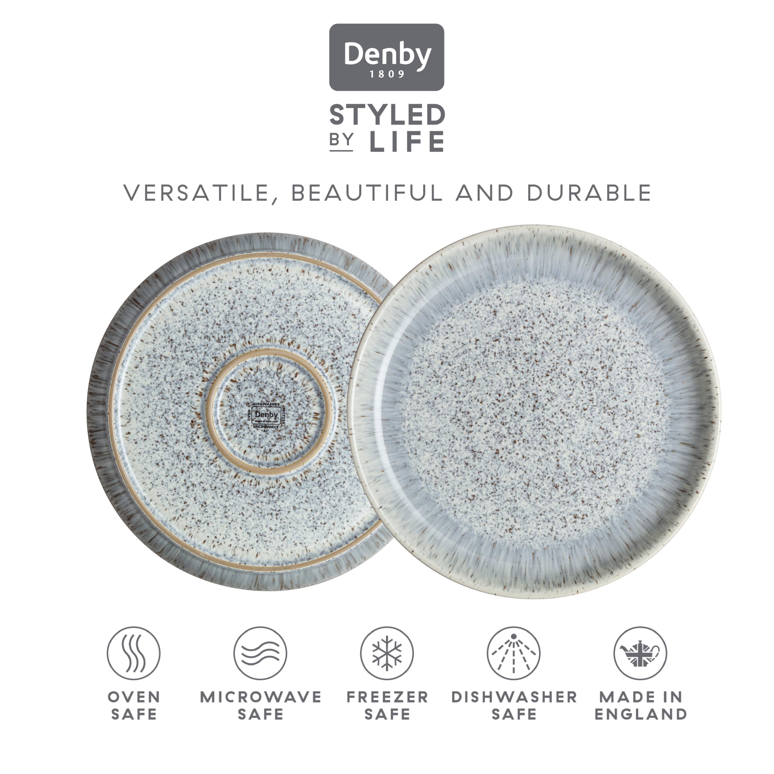 Denby Halo Speckle Dinner Plates - Set of 2 Grey Stoneware Coupe 26cm