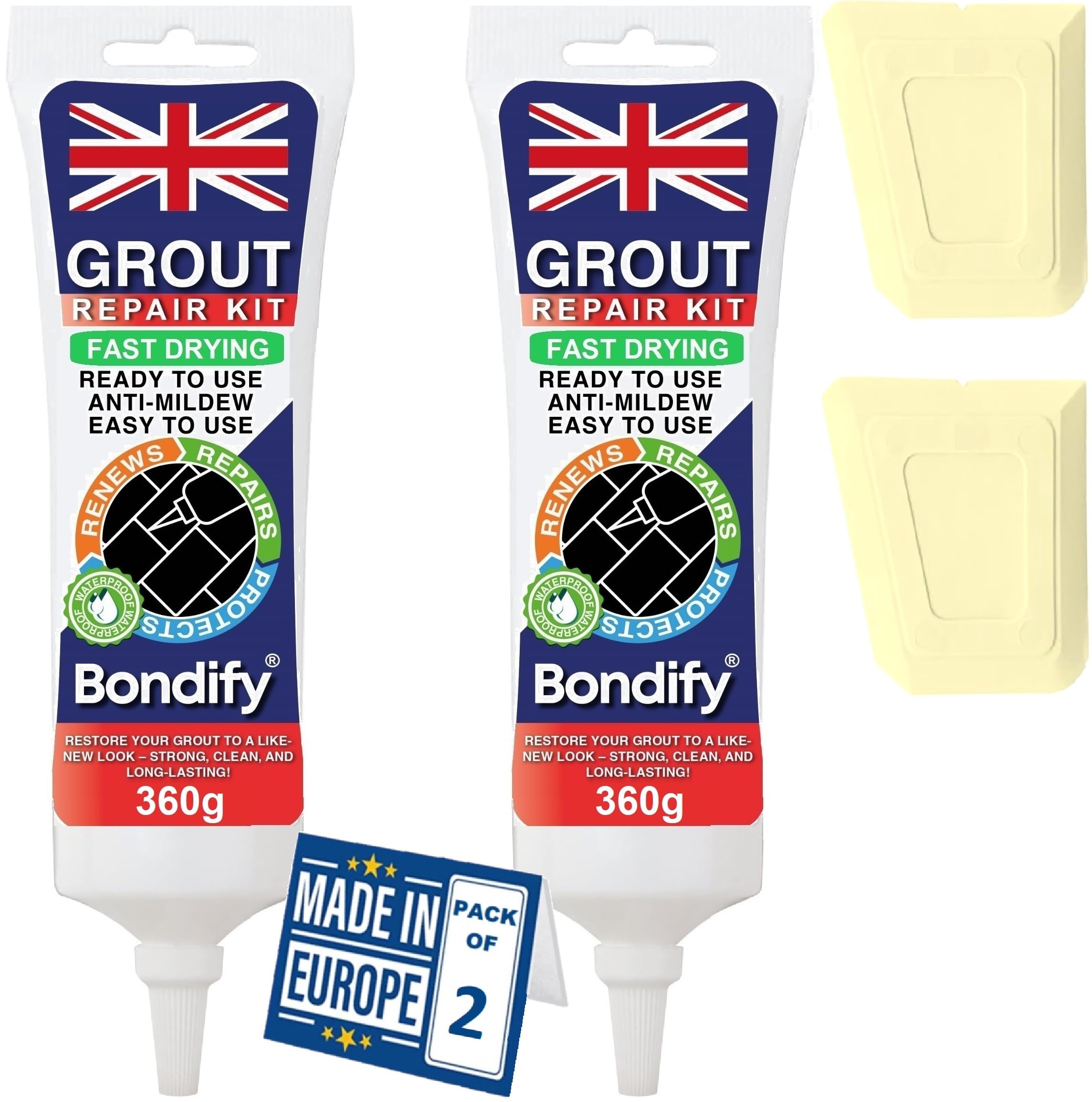 BONDIFY Waterproof Grout Repair Kit – Anti-Mould Tile Reviver, 2 x 360g