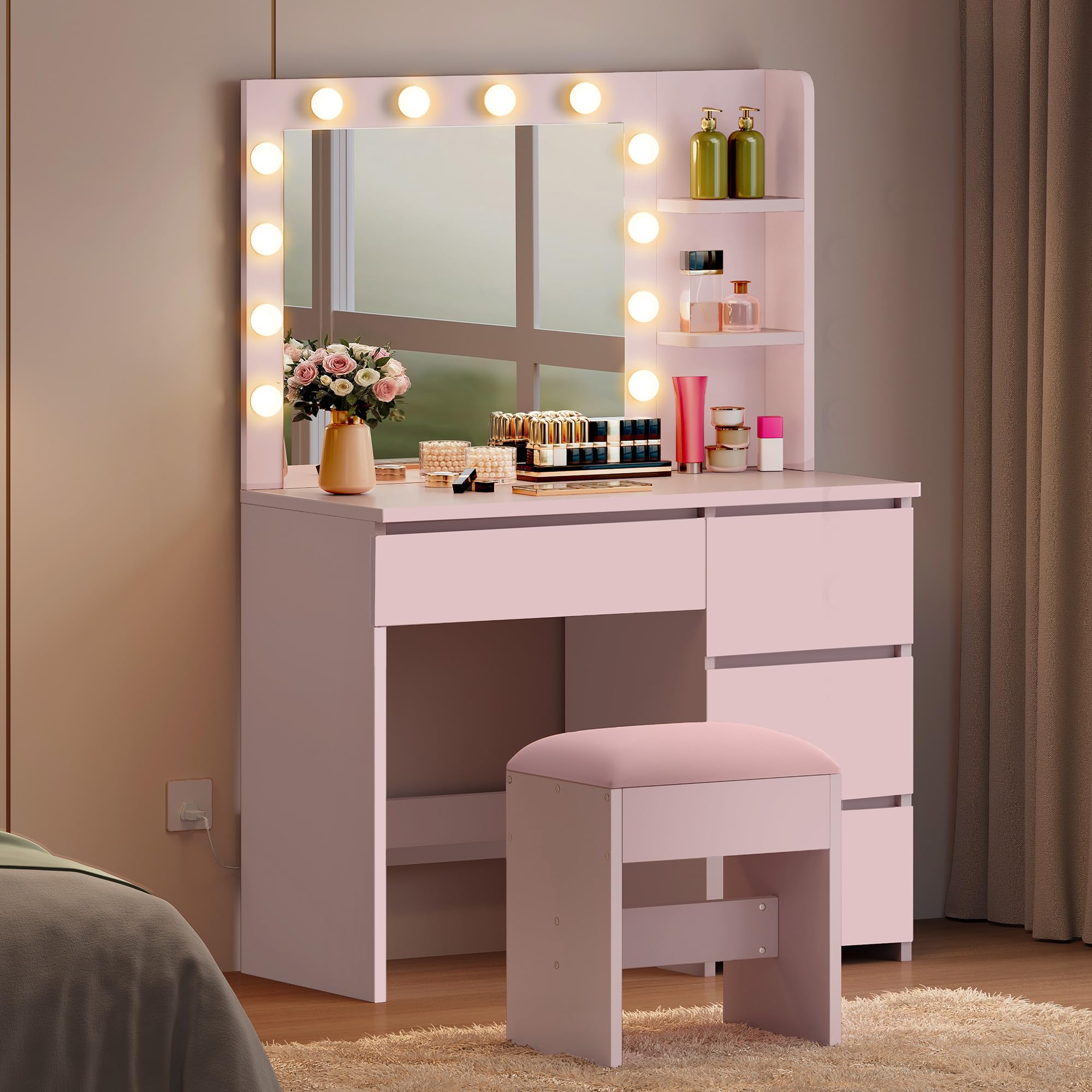 YITAHOME Makeup Vanity Desk with Lighted Mirror, 4 Drawers & Stool - Pink
