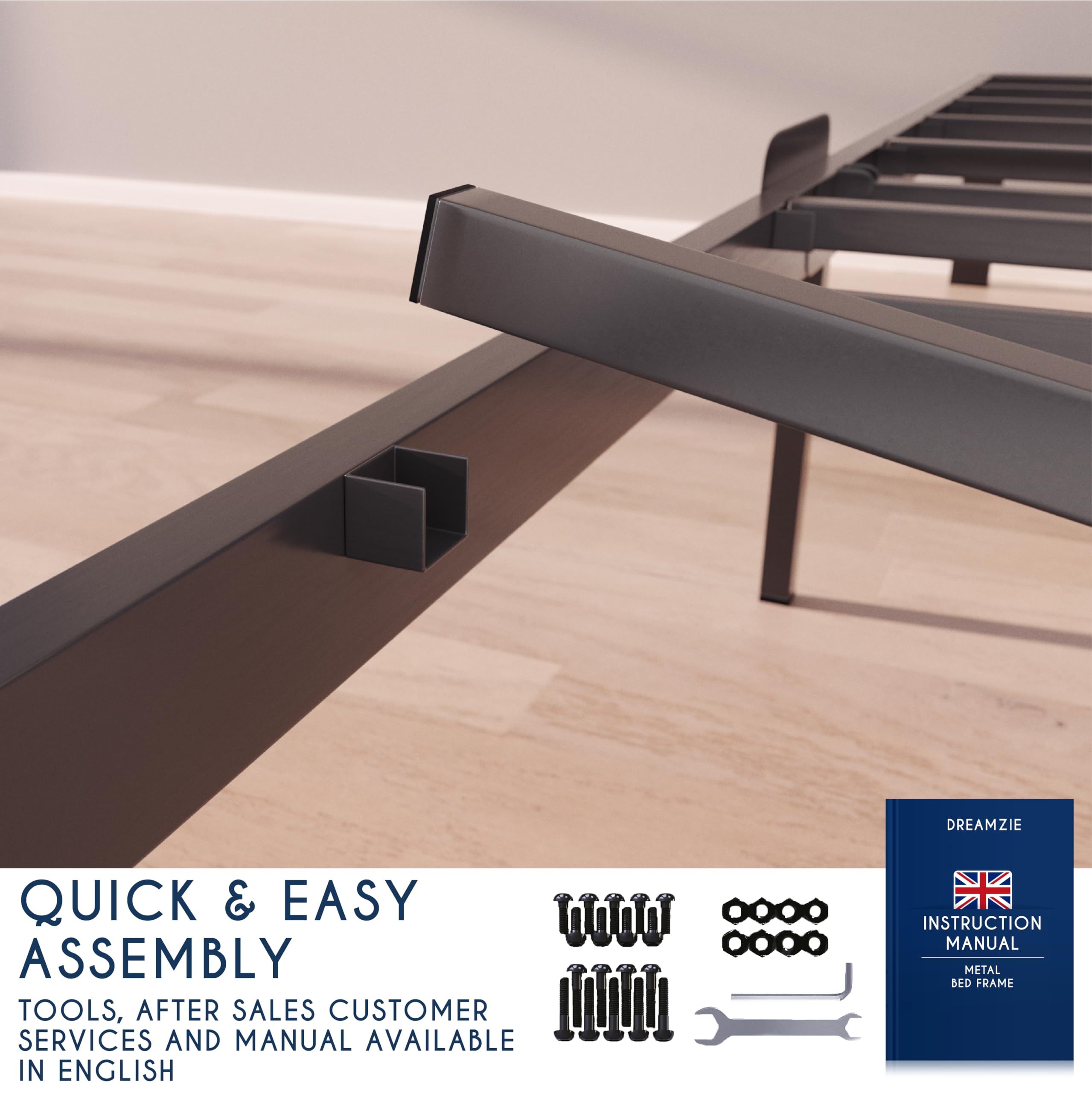 Dreamzie Metal Single Bed Frame 90x190cm | Sturdy Platform with Storage
