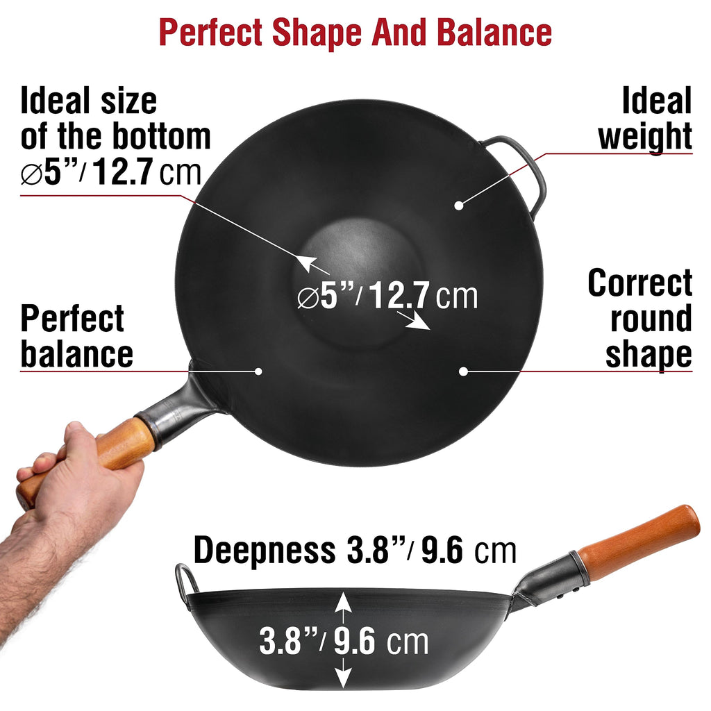 Yosukata 34 cm Carbon Steel Wok Pan – Pre-Seasoned Flat Bottom Pow Wok