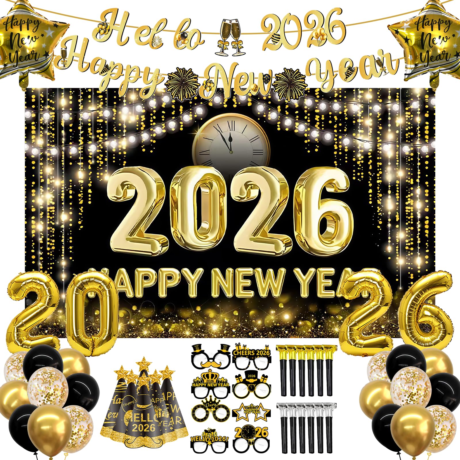 2026 New Years Eve Decorations – 52Pc Gold & Black Party Set