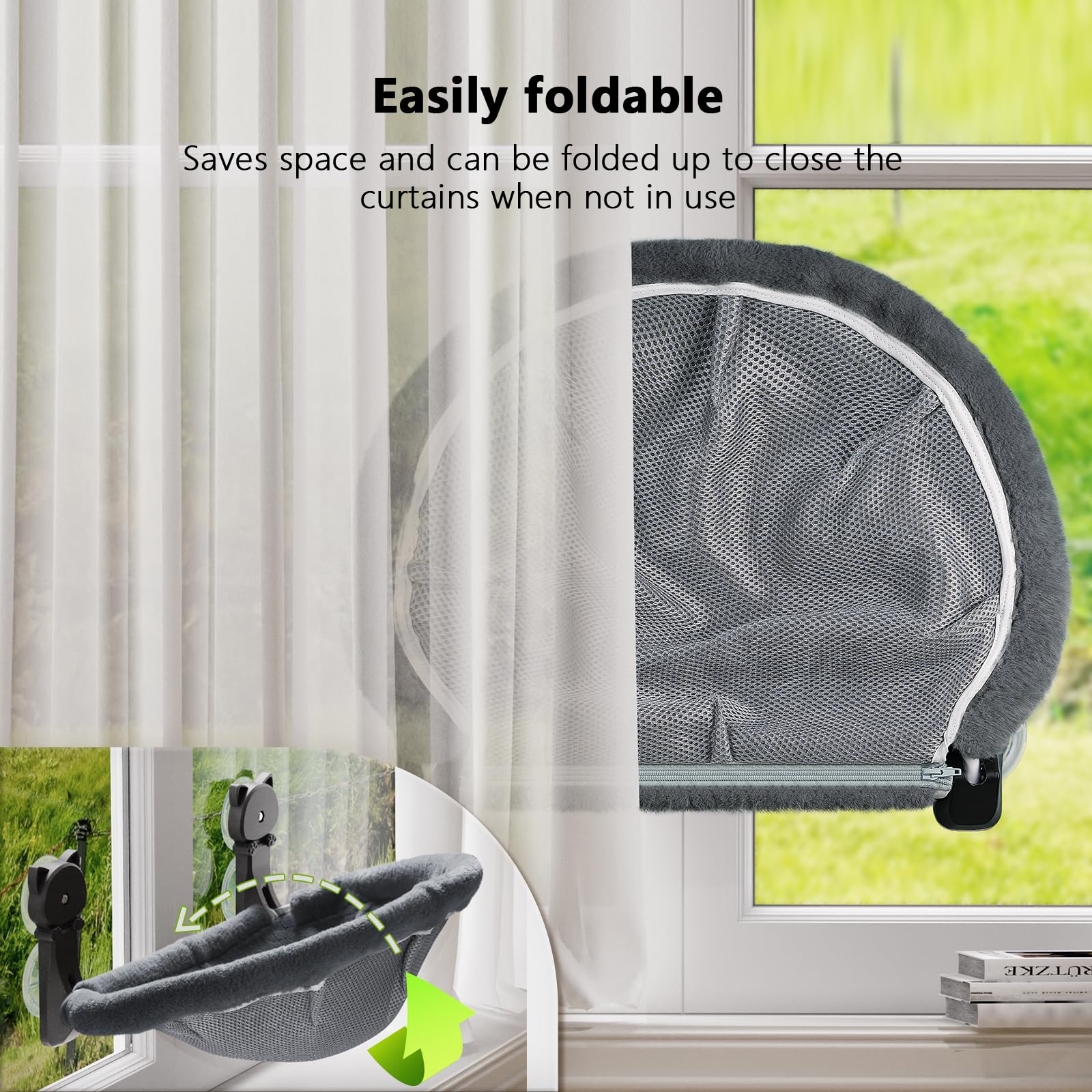 JUNSPOW Cordless Cat Window Perch – Foldable Mesh & Faux Fur Hammock