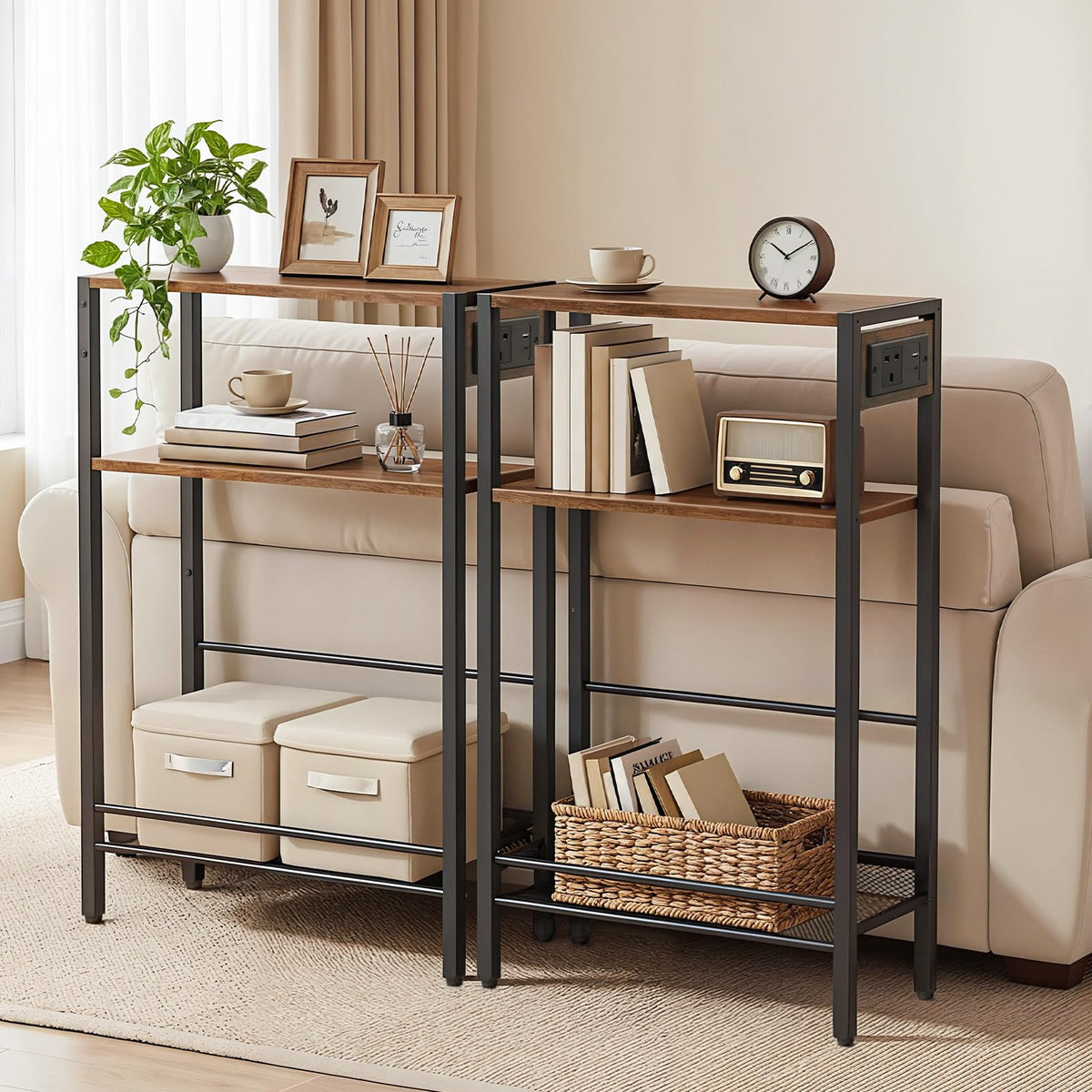 HOOBRO 3-Tier Console Table with Charging Station 1AC, 1USB, 1Type-C, Hallway Table with Adjustable Shelf