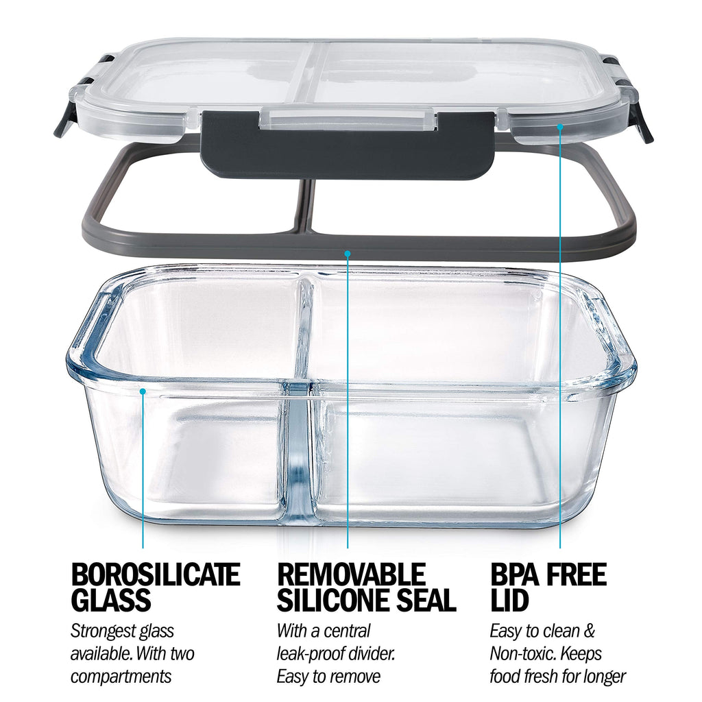 Igluu Glass Meal Prep Containers - 2 Compartment Airtight Food Storage