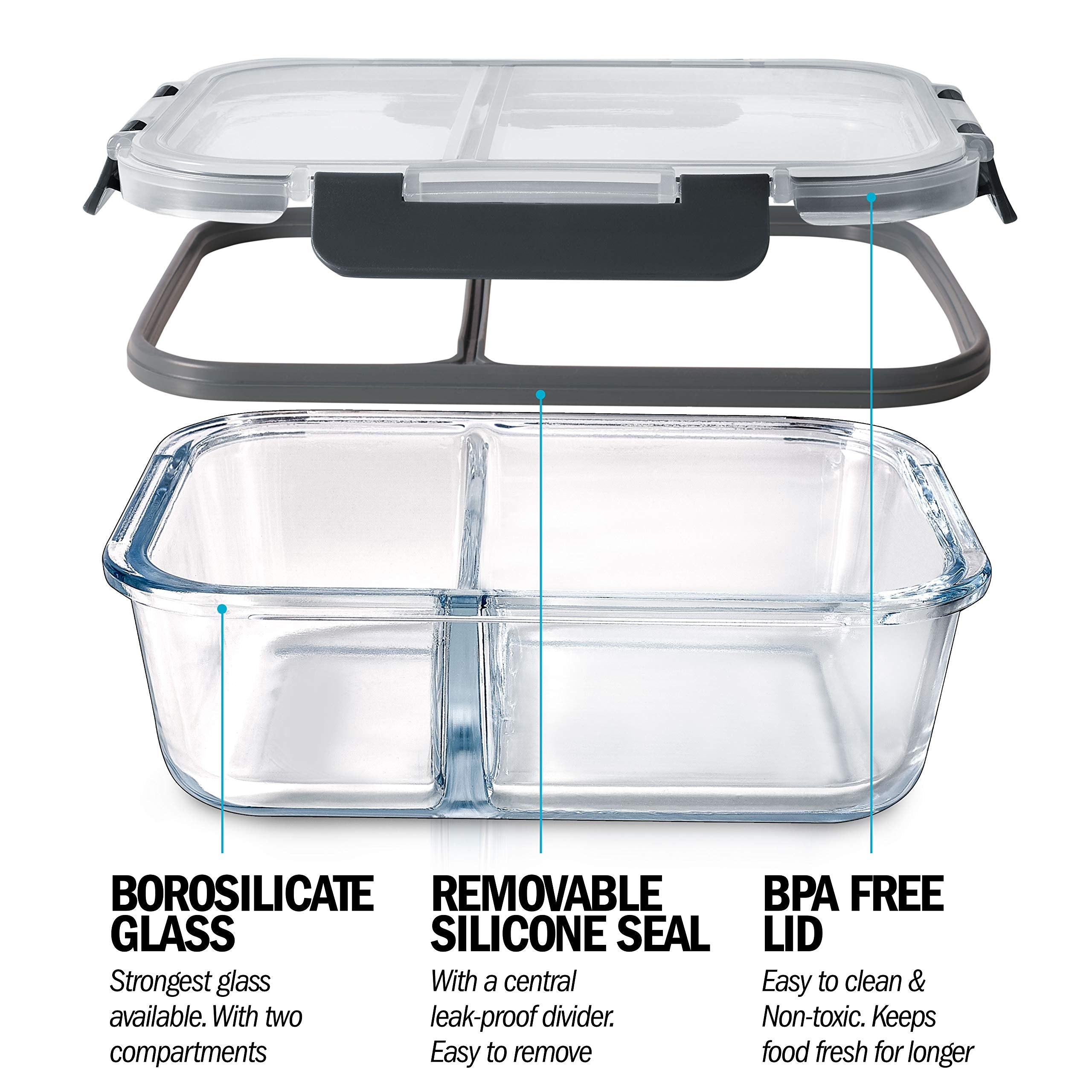 Igluu Glass Meal Prep Containers - 2 Compartment Airtight Food Storage