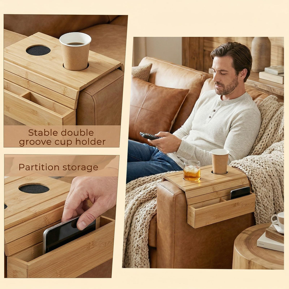 Solvio Bamboo Sofa Arm Tray with Cup Holder, Foldable Couch Arm Table with Anti-Slip Base, Wooden Armrest Organizer for Drinks, Snacks - image 4
