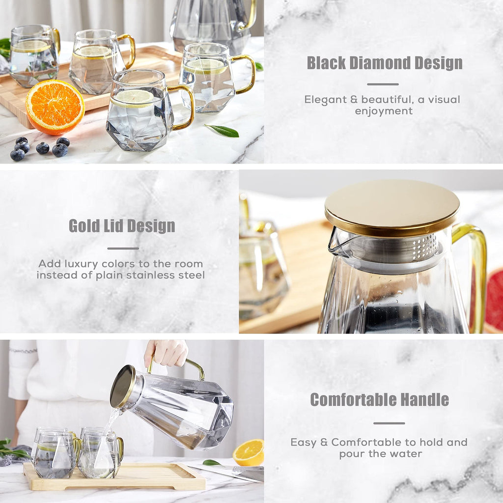 DUJUST Black Diamond Glass Pitcher Set | 6-Piece Borosilicate Carafe