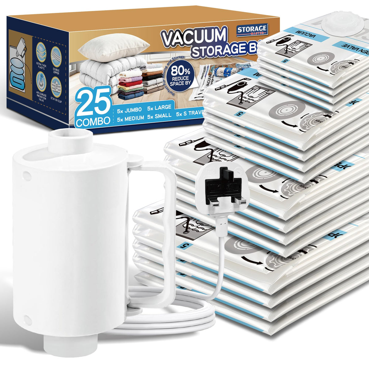 STORAGE MASTER Vacuum Storage Bags, Space Saver Bags 80% More Storage Space, with Electric Pump 25, Combo