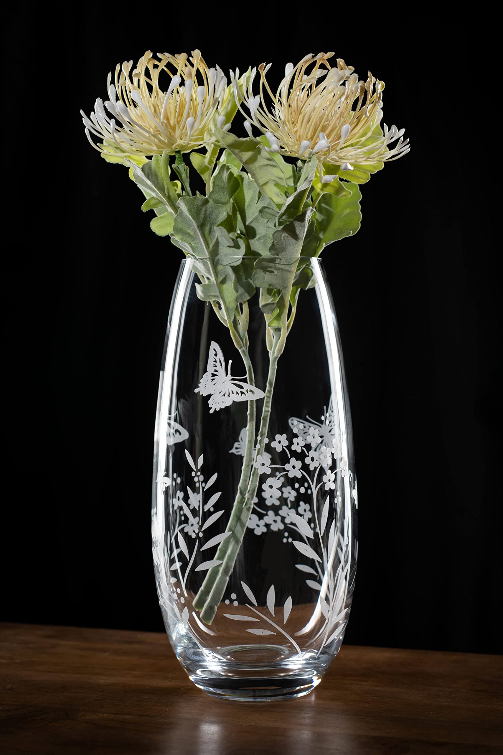 DIAMANTE Crystal Butterfly Vase – Hand Etched Floral Barrel Vase, 25cm