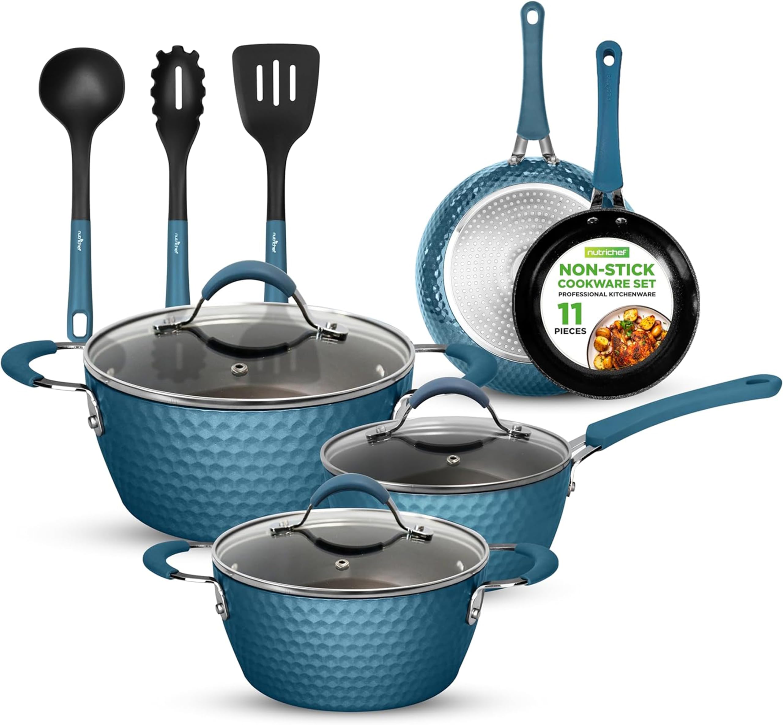 NutriChef 11-Piece Nonstick Ceramic Cookware Set - Induction Ready, Blue