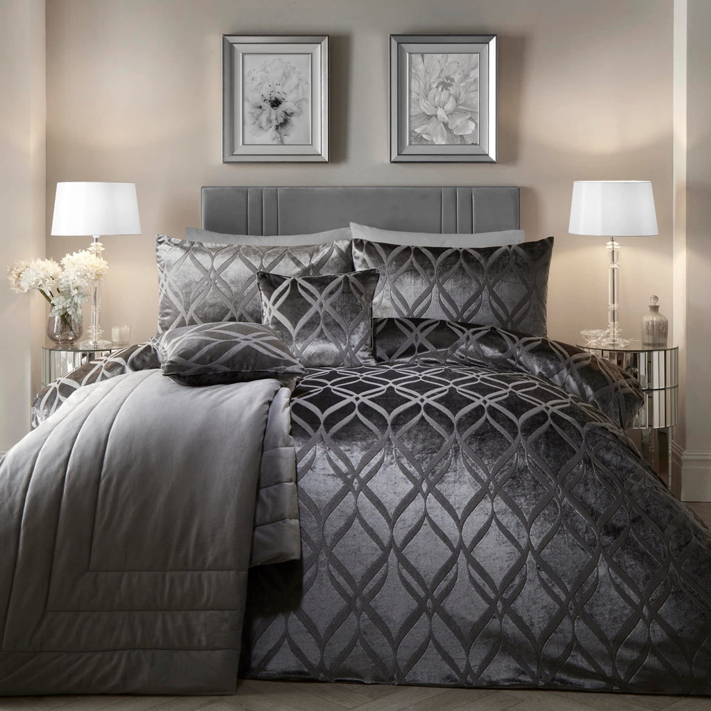 Soiree Ogee Velvet Duvet Cover Set – Slate Grey Luxury Double Bedding