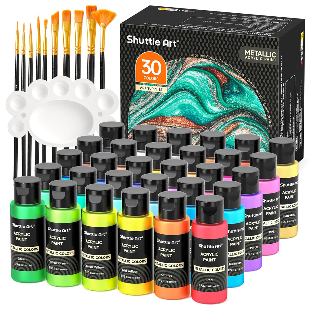 Shuttle Art Metallic Acrylic Paint Set - 30 Colors with Brushes & Palette