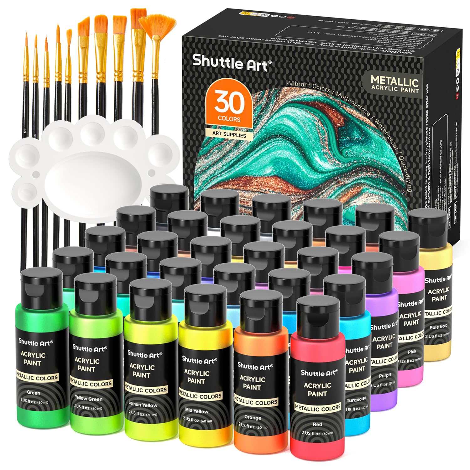 Shuttle Art Metallic Acrylic Paint Set - 30 Colors with Brushes & Palette