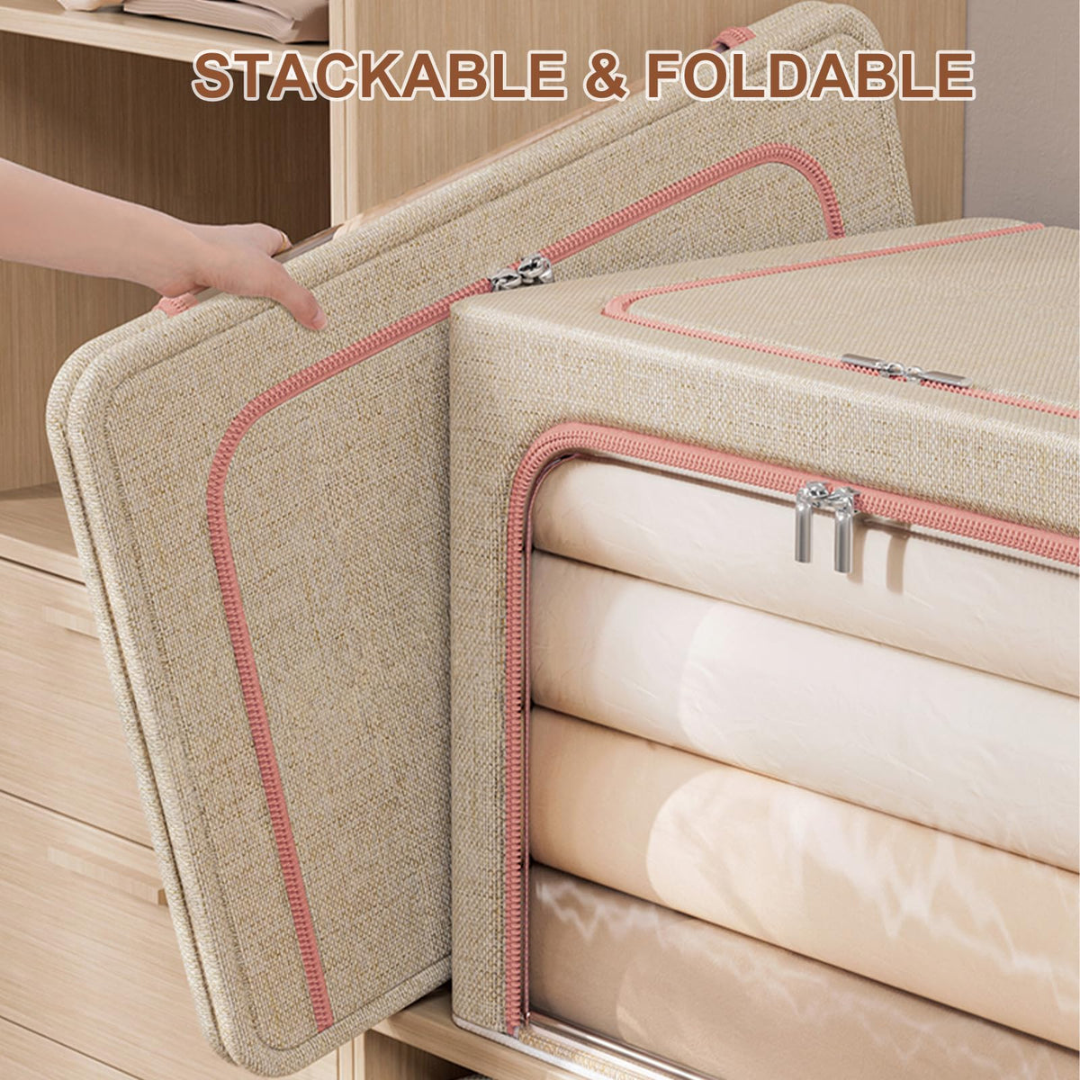 Douzi 2 Pack Clothes Storage Boxes Closet Organizers and Storage, Foldable Cloth Steel Frame Box for Storing Bedding,Blankets-Khaki-66L - image 2