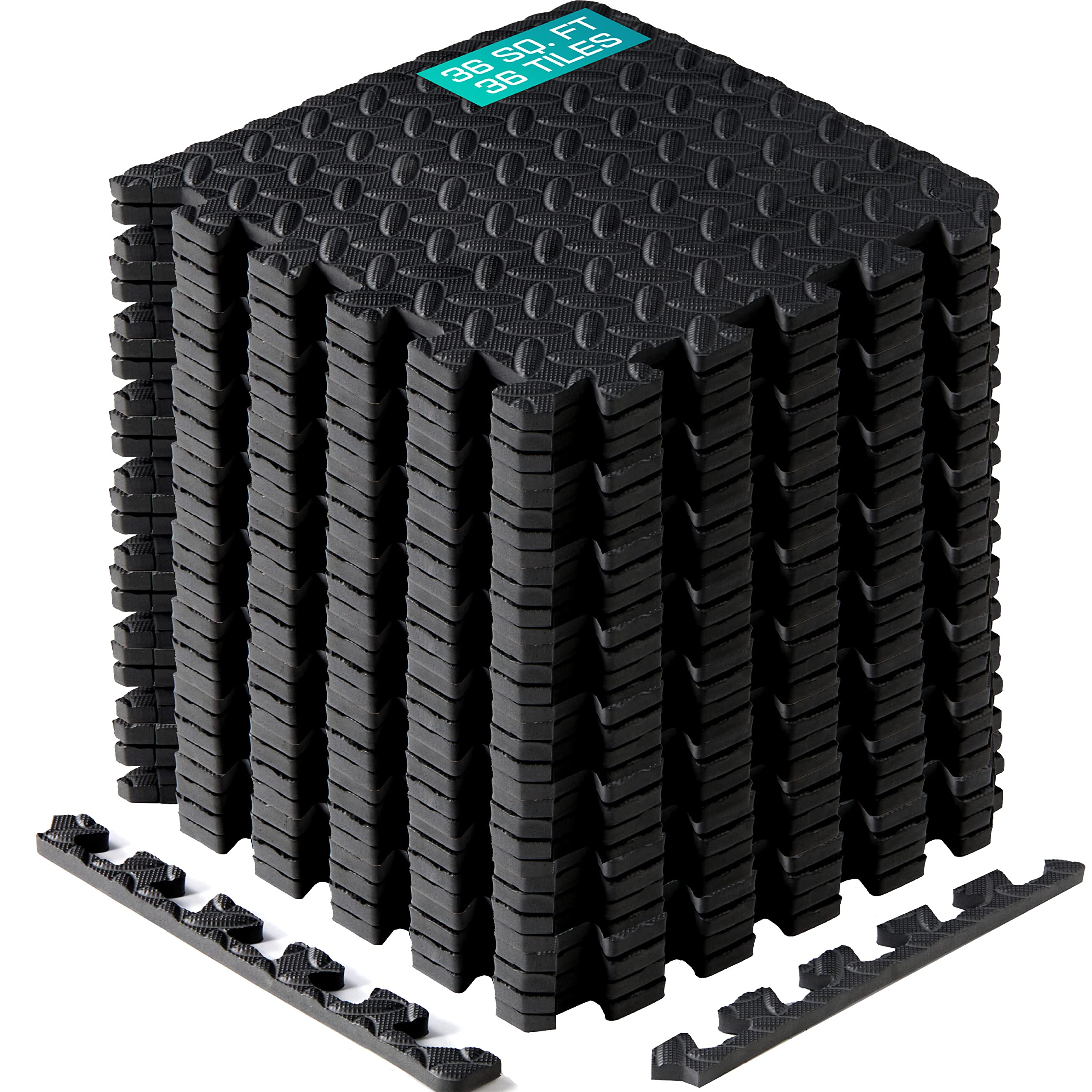 Yes4All Interlocking Exercise Foam Mats - 36 Piece Gym Floor Tiles, Black