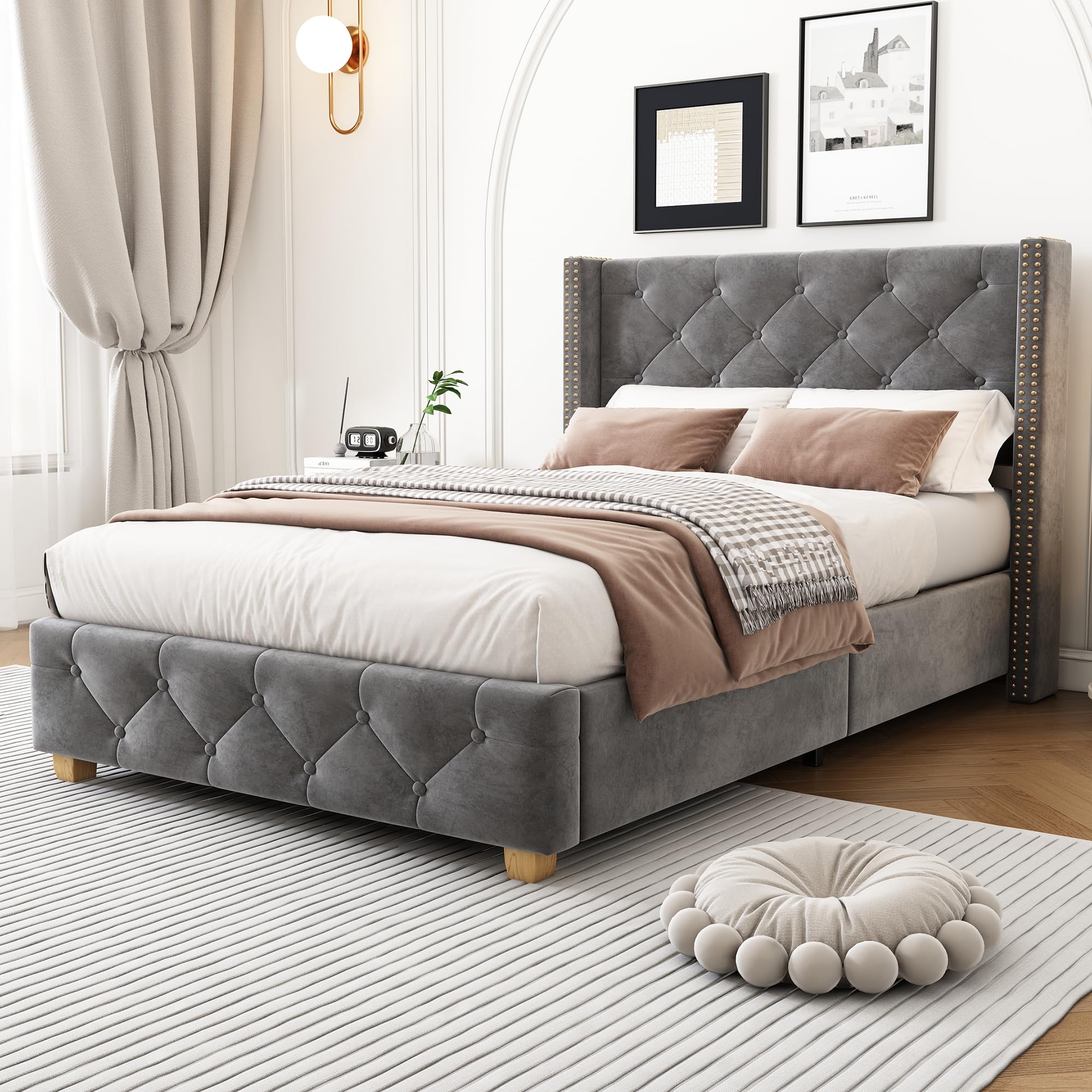 Jolof Store Single Bed Frame | Grey Velvet Upholstered Tufted Bed 3ft