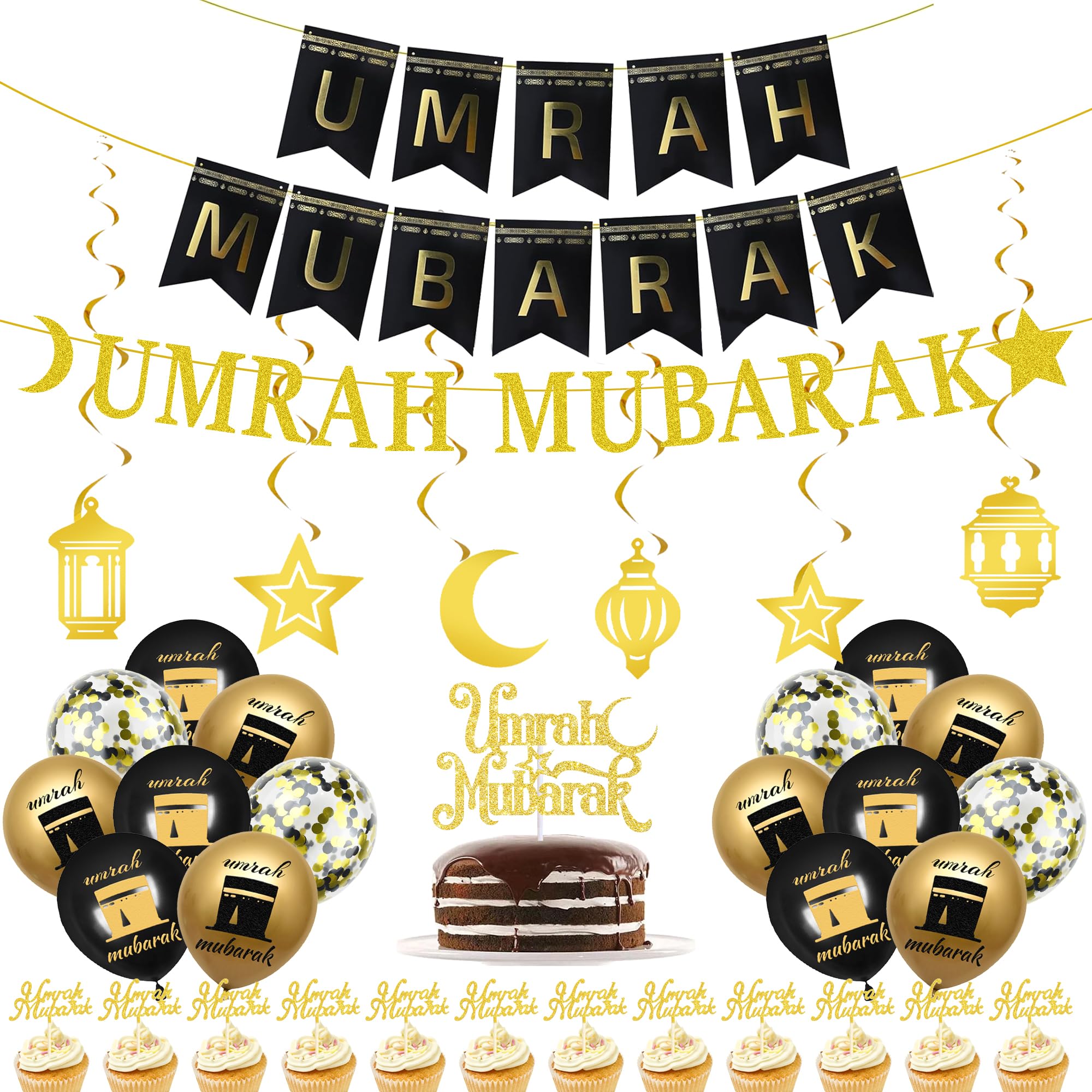 Umrah Mubarak Decoration Set – 38pc Black & Gold Party Kit