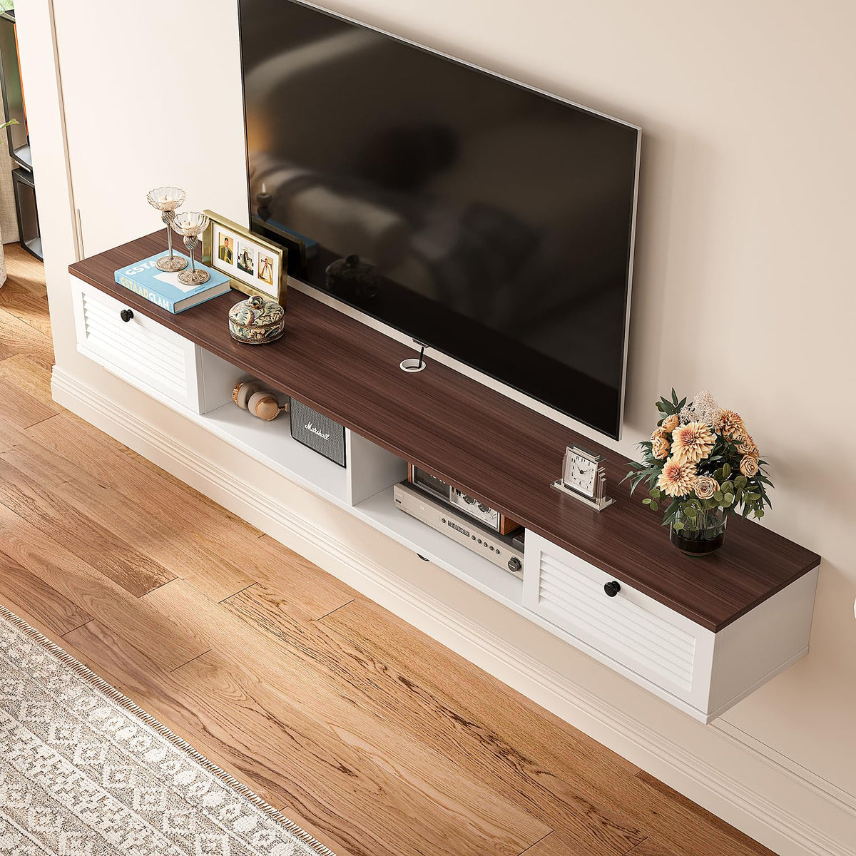 FloatiCasa 140cm Walnut & White Floating TV Unit, 2 Doors & 2 Open Cabinets - image 2