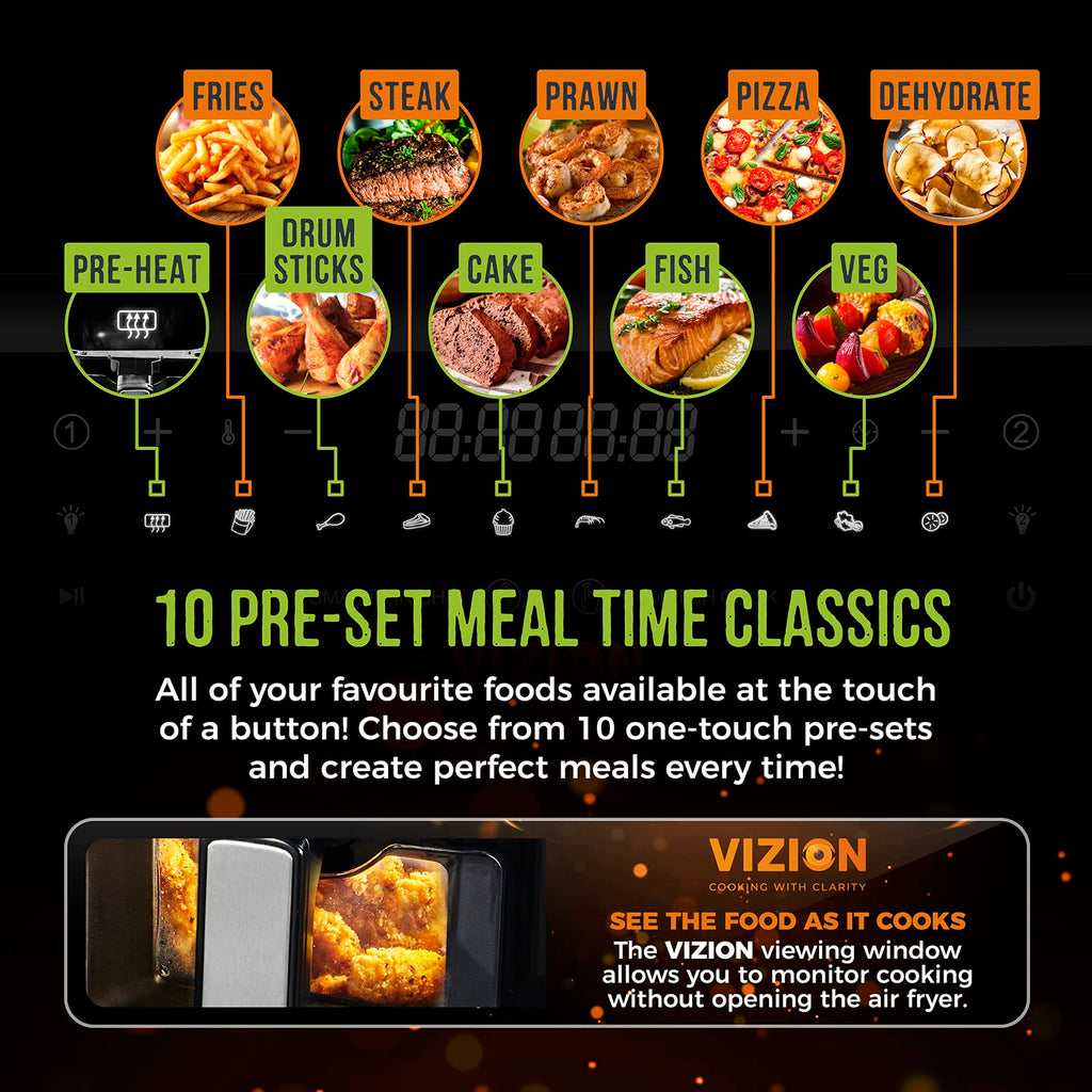 Tower T17100 Vortx Vizion 9L Dual Basket Air Fryer - 10 Pre-sets, Black
