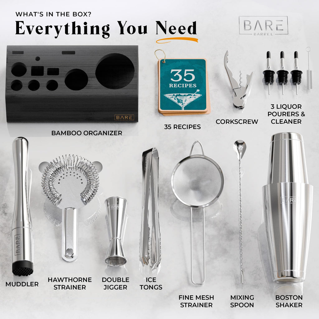 Bare Barrel 14-Piece Cocktail Making Kit with Bamboo Stand & Recipes