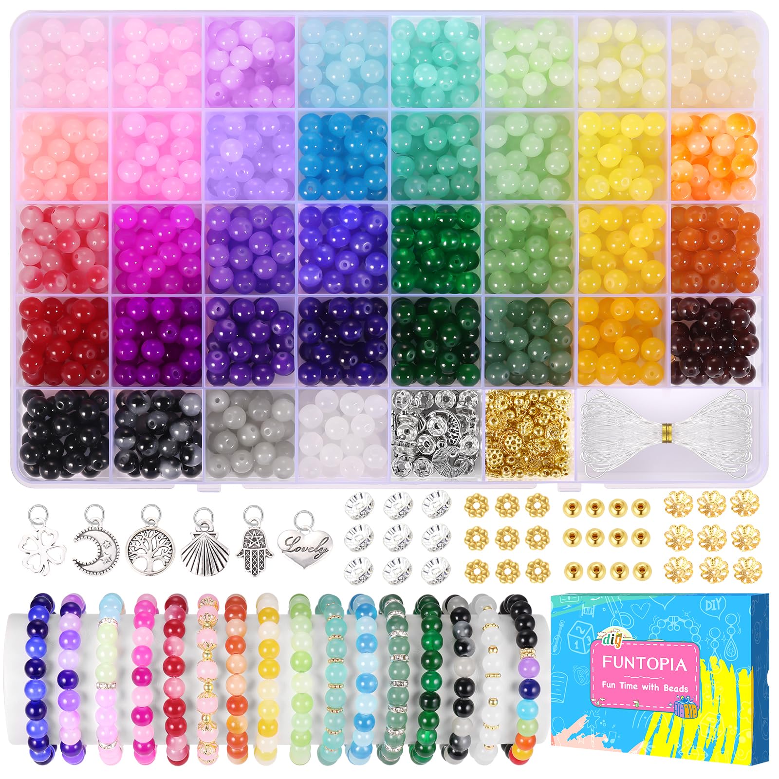 Funtopia 36-Color Glass Beads Kit | 1060 Pcs 8mm Jewelry Making Set