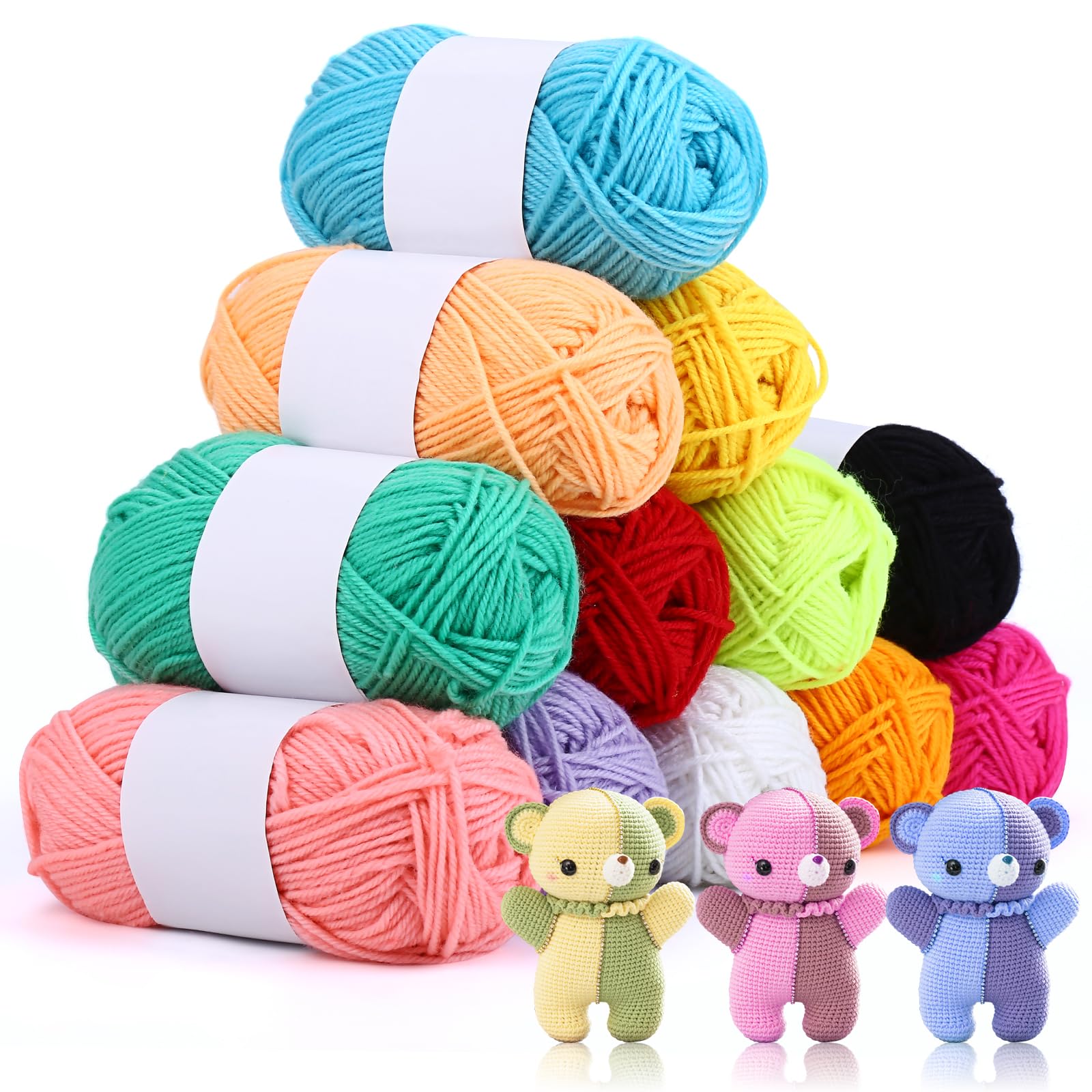 12-Pack DK Acrylic Knitting Yarn - 600g Colorful Crochet Wool