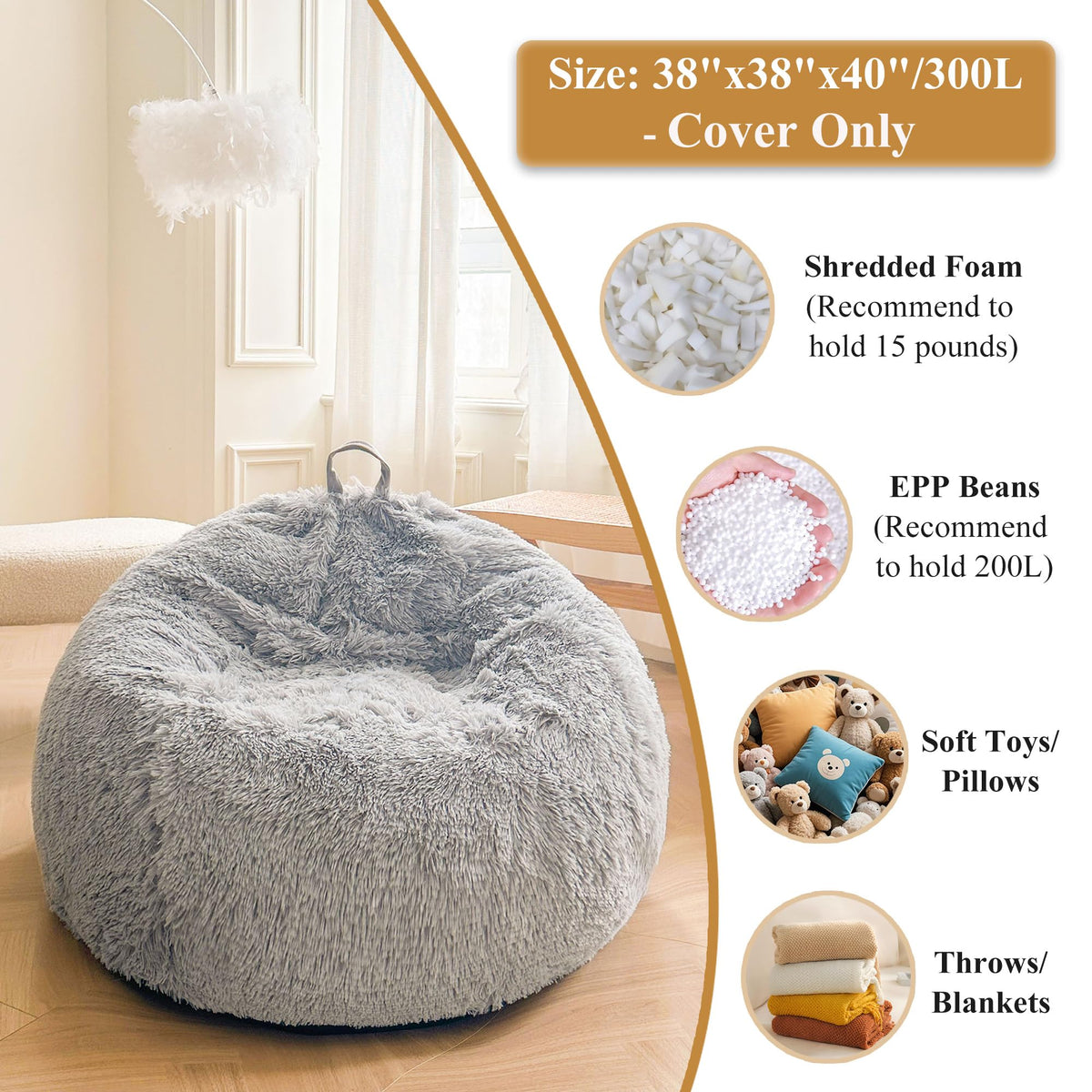 XeGe Faux Fur Stuffed Animal Storage Bean Bag CoverNo Filler, Light Grey