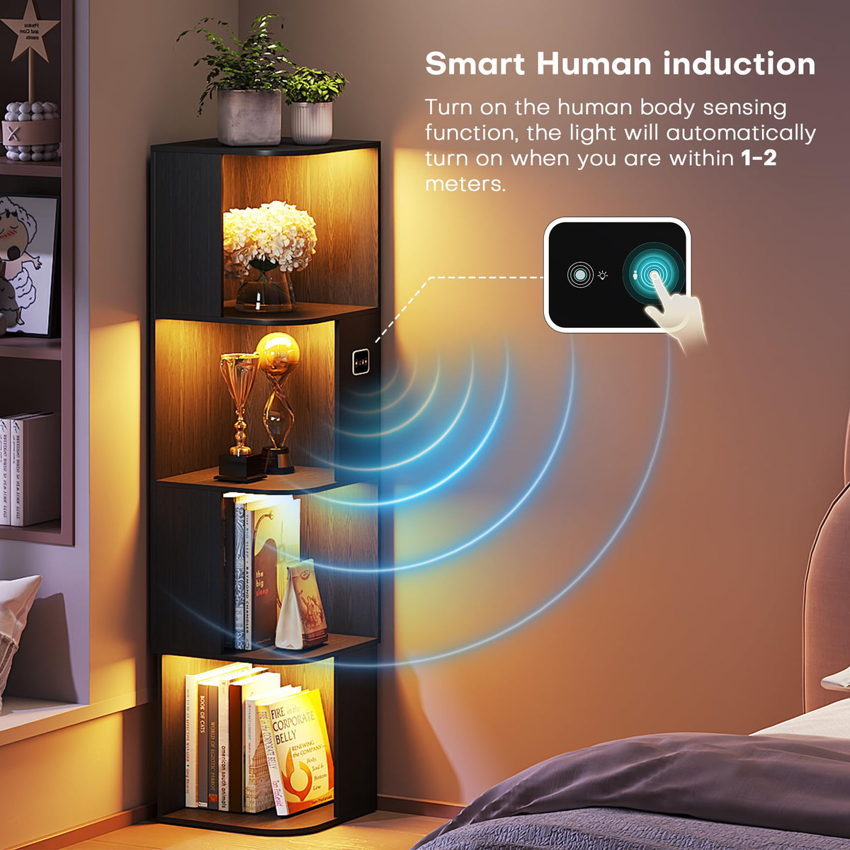 55.1 " Corner Wood Bookcase with Body Sensor LED for Home Office,Black - image 4