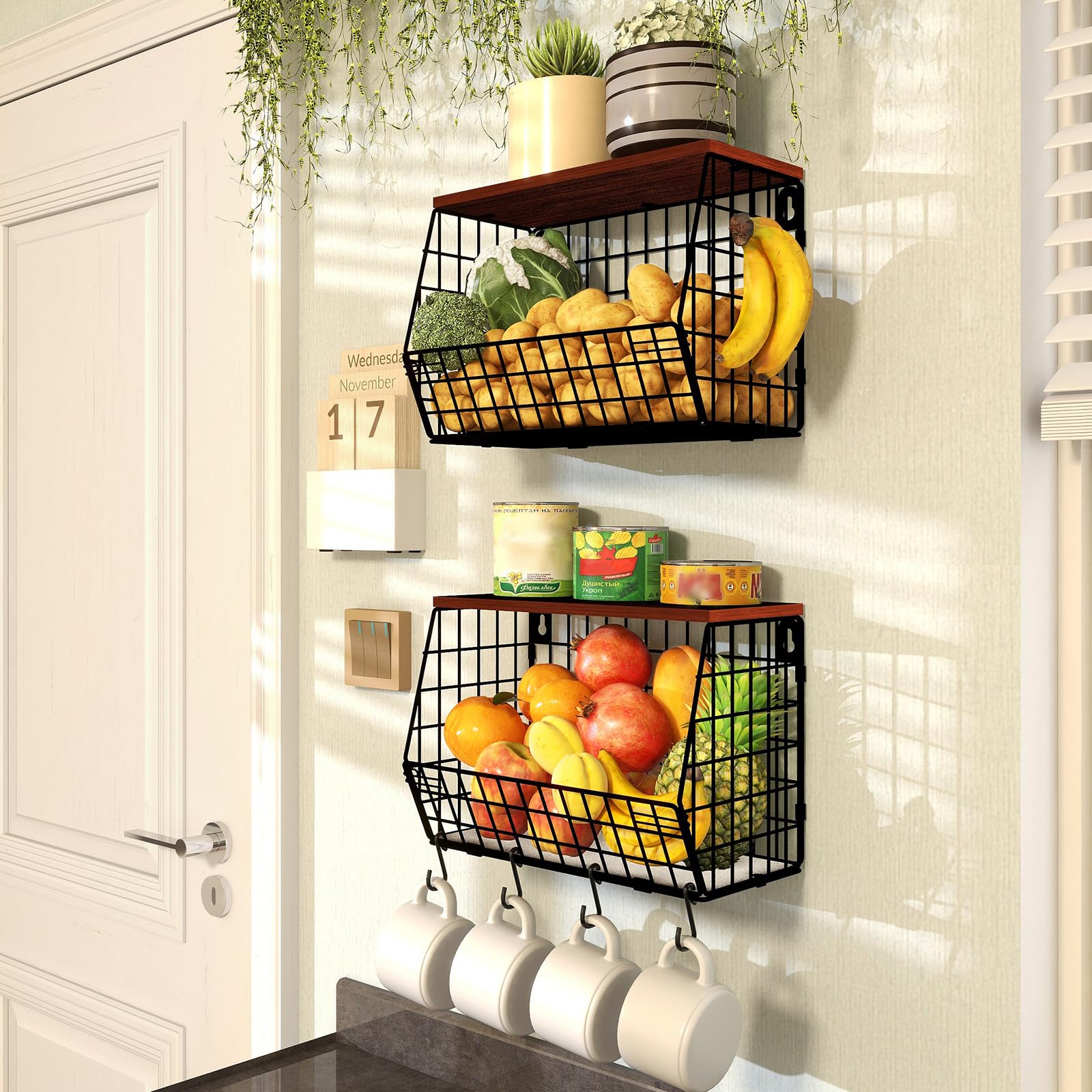 Mefirt Fruit Basket with Banana Hanger – Stackable 2-Tier Metal Storage Rack