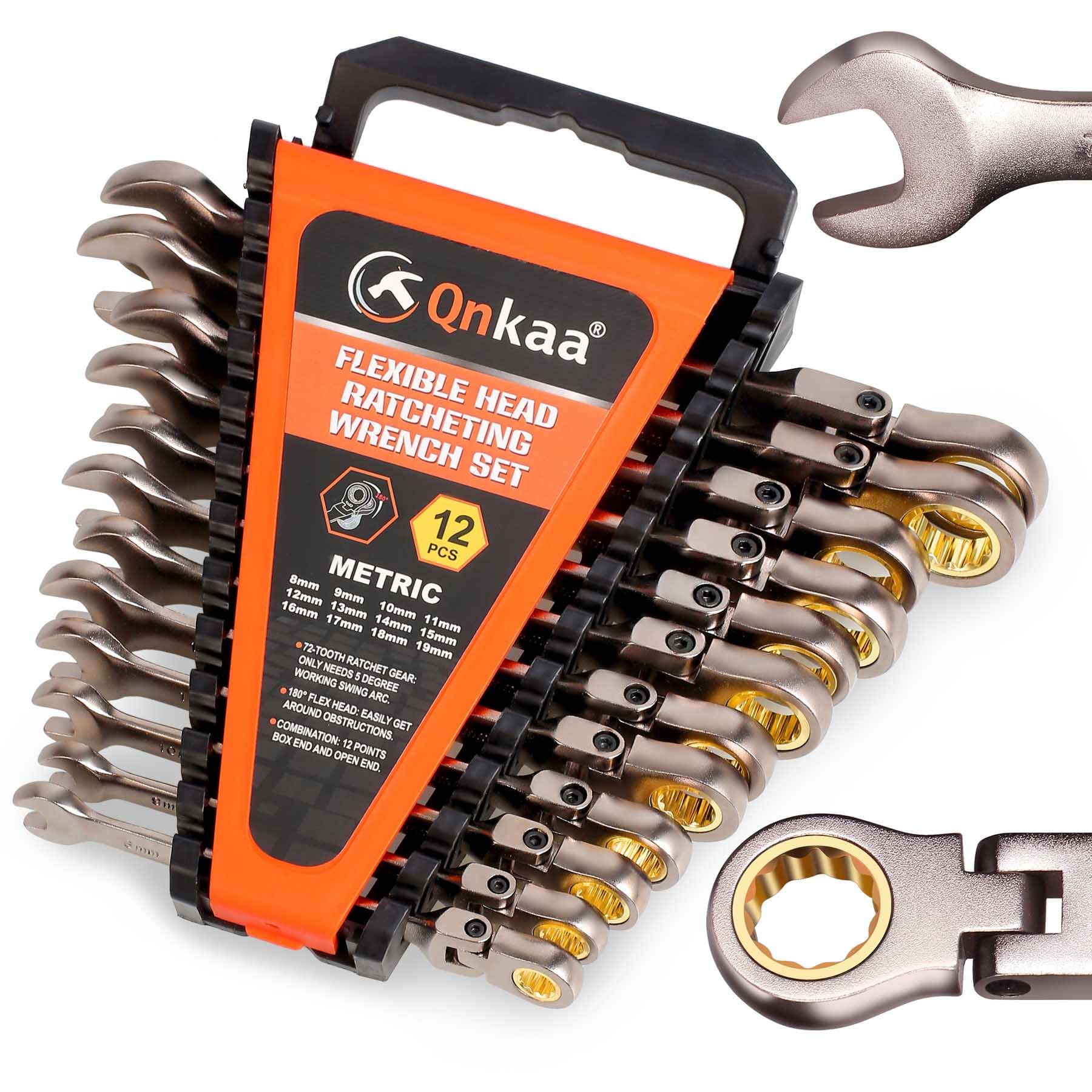 Qnkaa 12-Piece Flexible Ratchet Wrench Set | 8-19mm Metric Flex Head