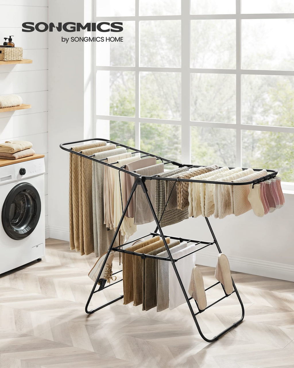 SONGMICS Foldable Clothes Drying Rack – Height-Adjustable Steel Airer
