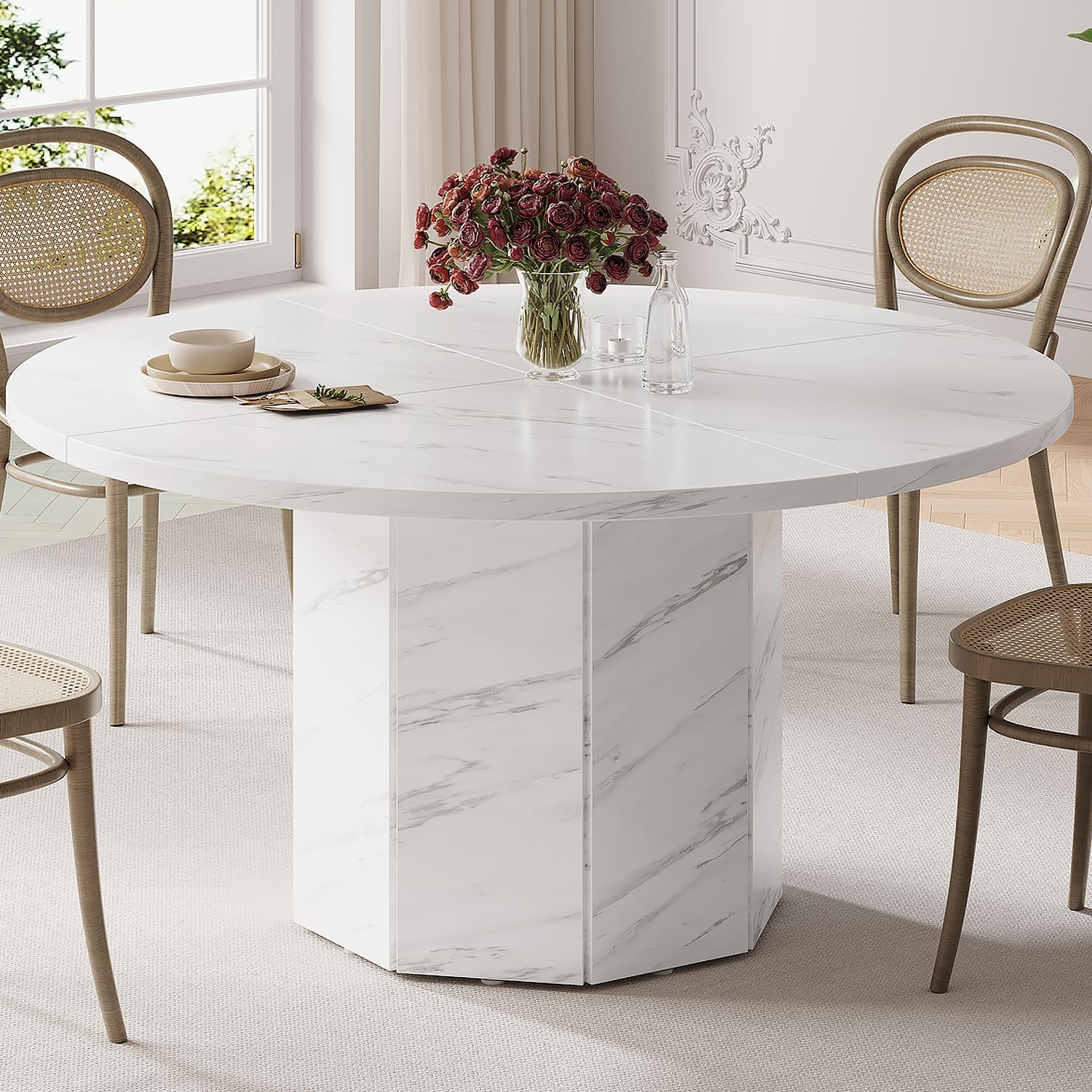 Jolof Store Round Dining Table | 120cm White Faux Marble Kitchen Table