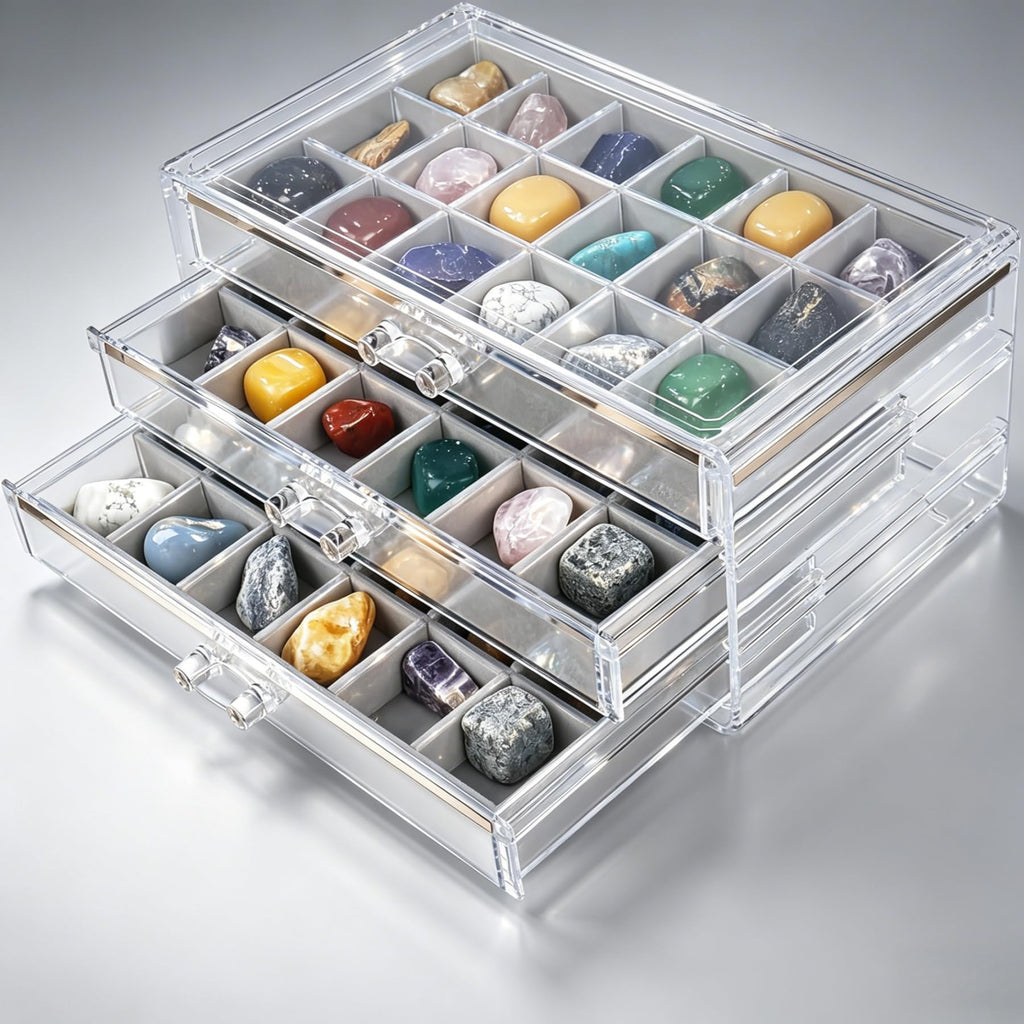 Dmnnlp Rock Display Case, 3 Drawers 54 Grids Rock Collection Box, Storage Cases for Gemstone Fossil Crystal Stone Jewellery Grey