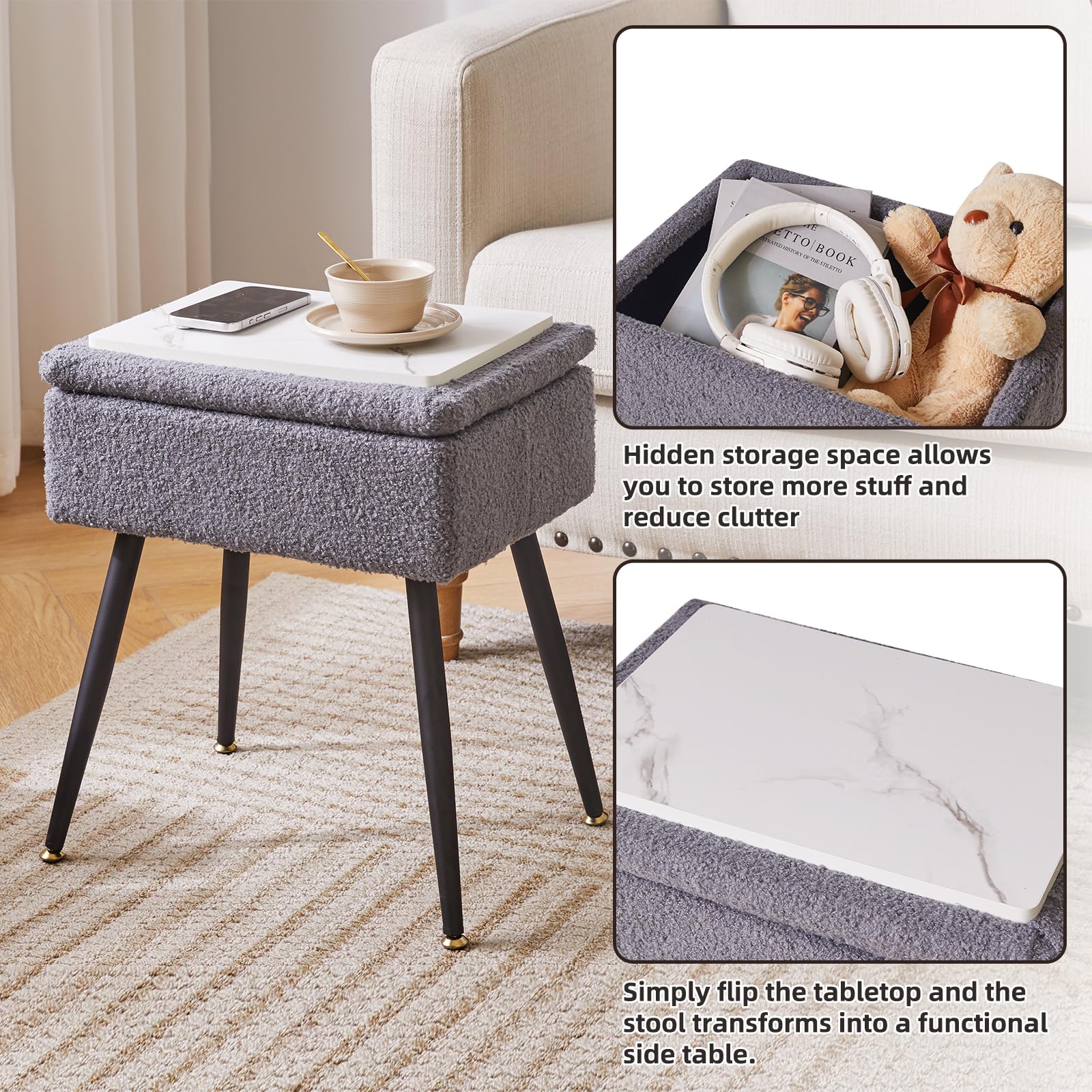 Aibiju Faux Teddy Fur Vanity Stool with Storage | Ottoman with Metal Legs