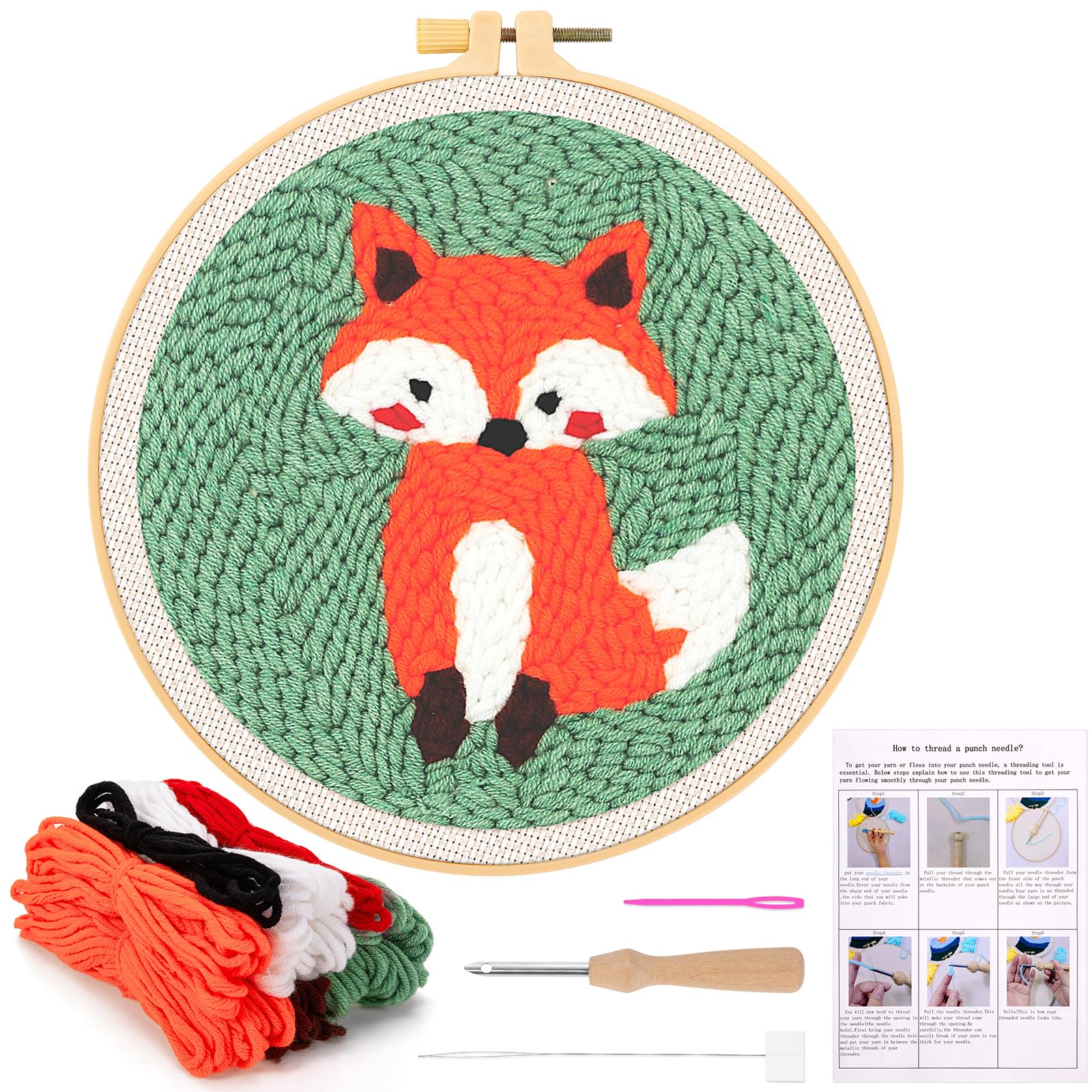 JSRQT Fox Pattern Punch Needle Kit for Beginners | DIY Embroidery Starter Set