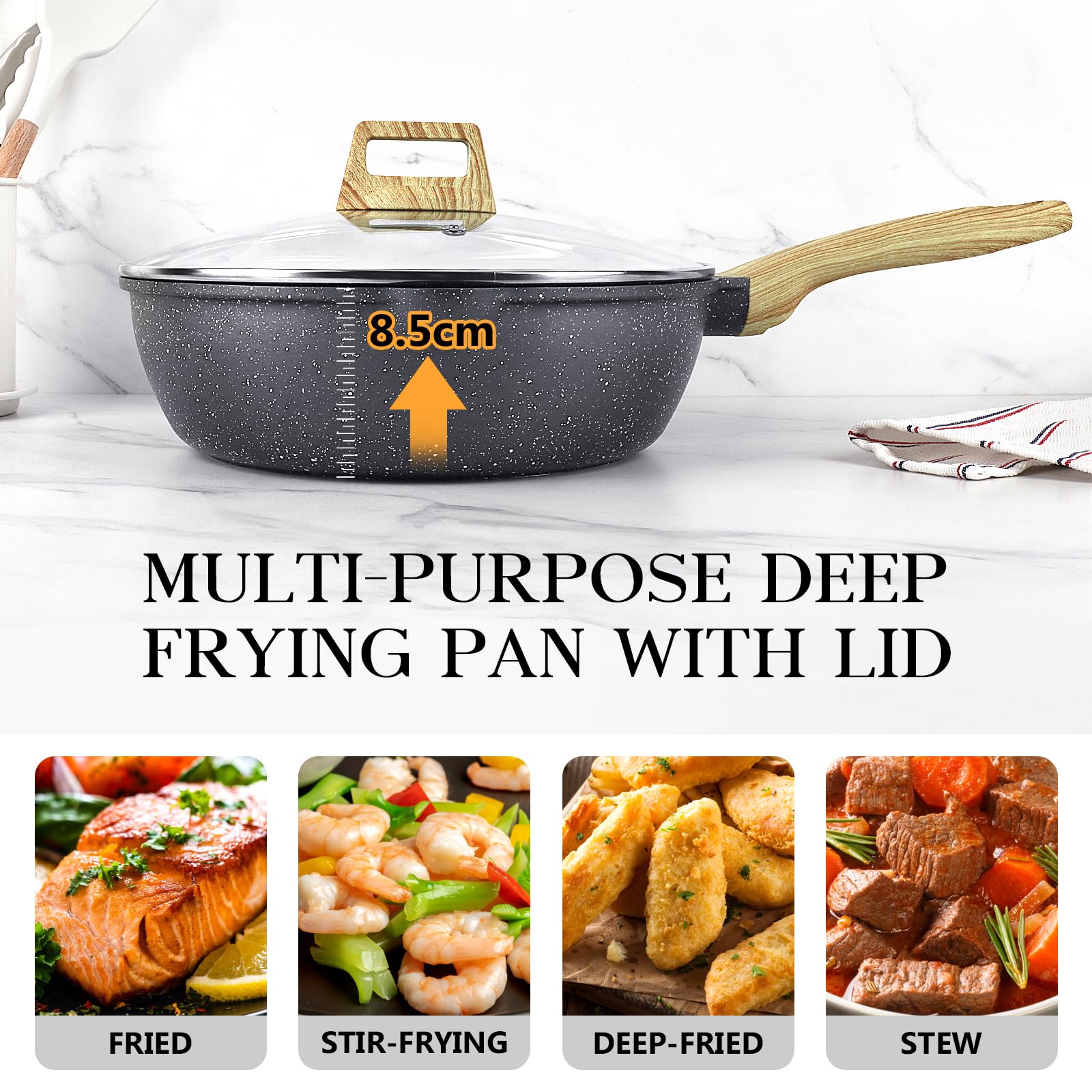 GiPP Nonstick Deep Frying Pan – 2.6L Grey Granite Saute Pan with Lid