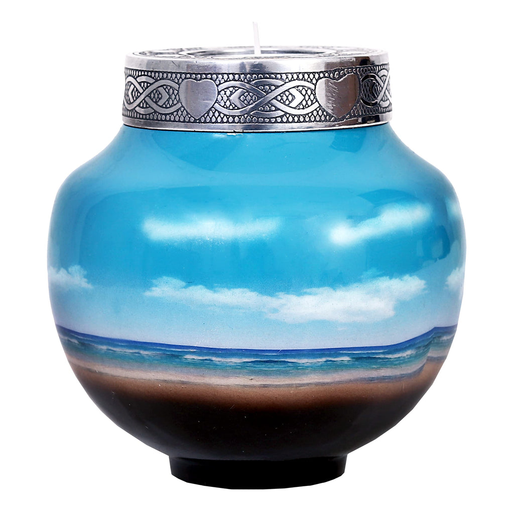 HLC Blue Palm Tree Cremation Urn – Handcrafted Aluminum Memorial Urn