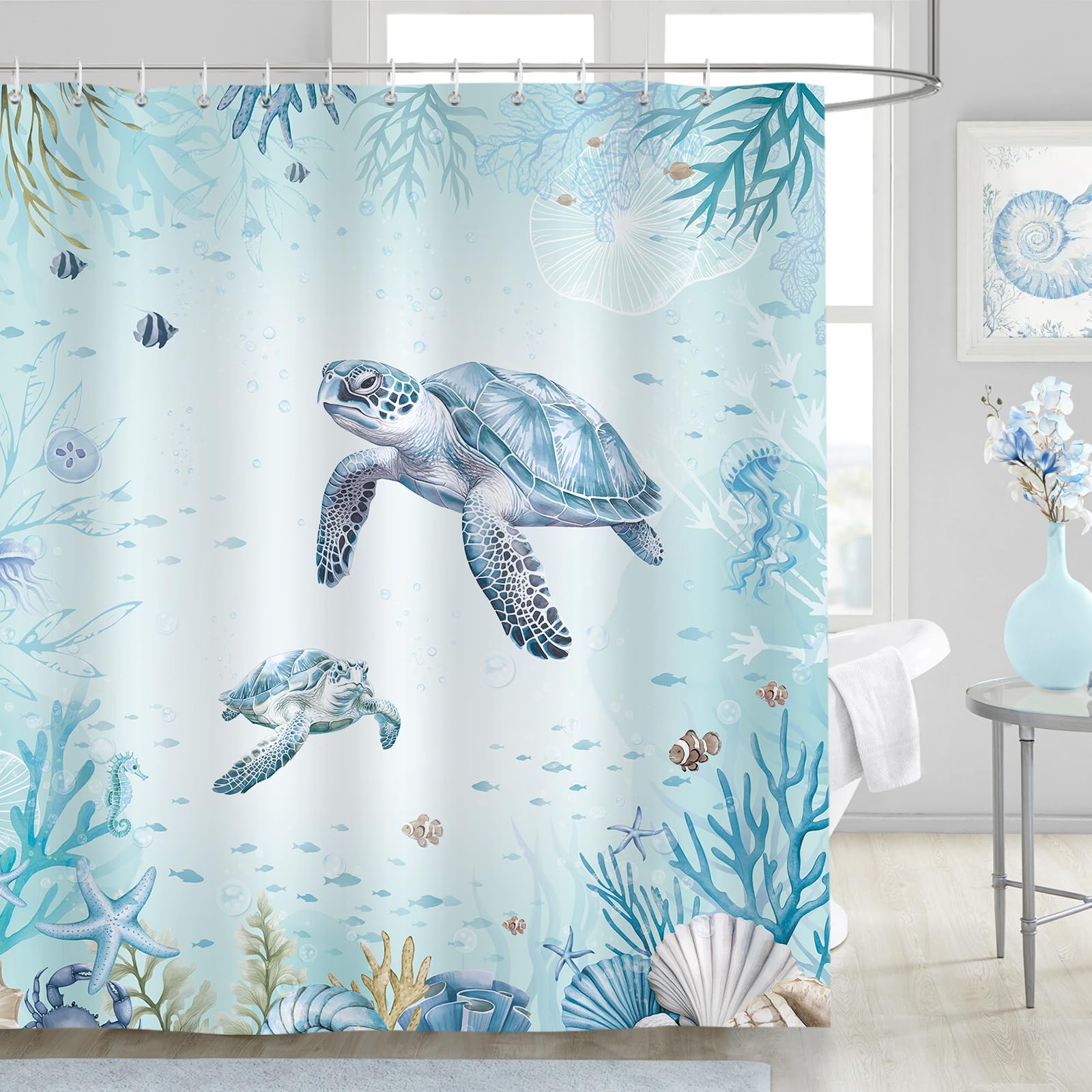 Jolof Store Sea Turtle Shower Curtain | Teal Blue Waterproof Polyester