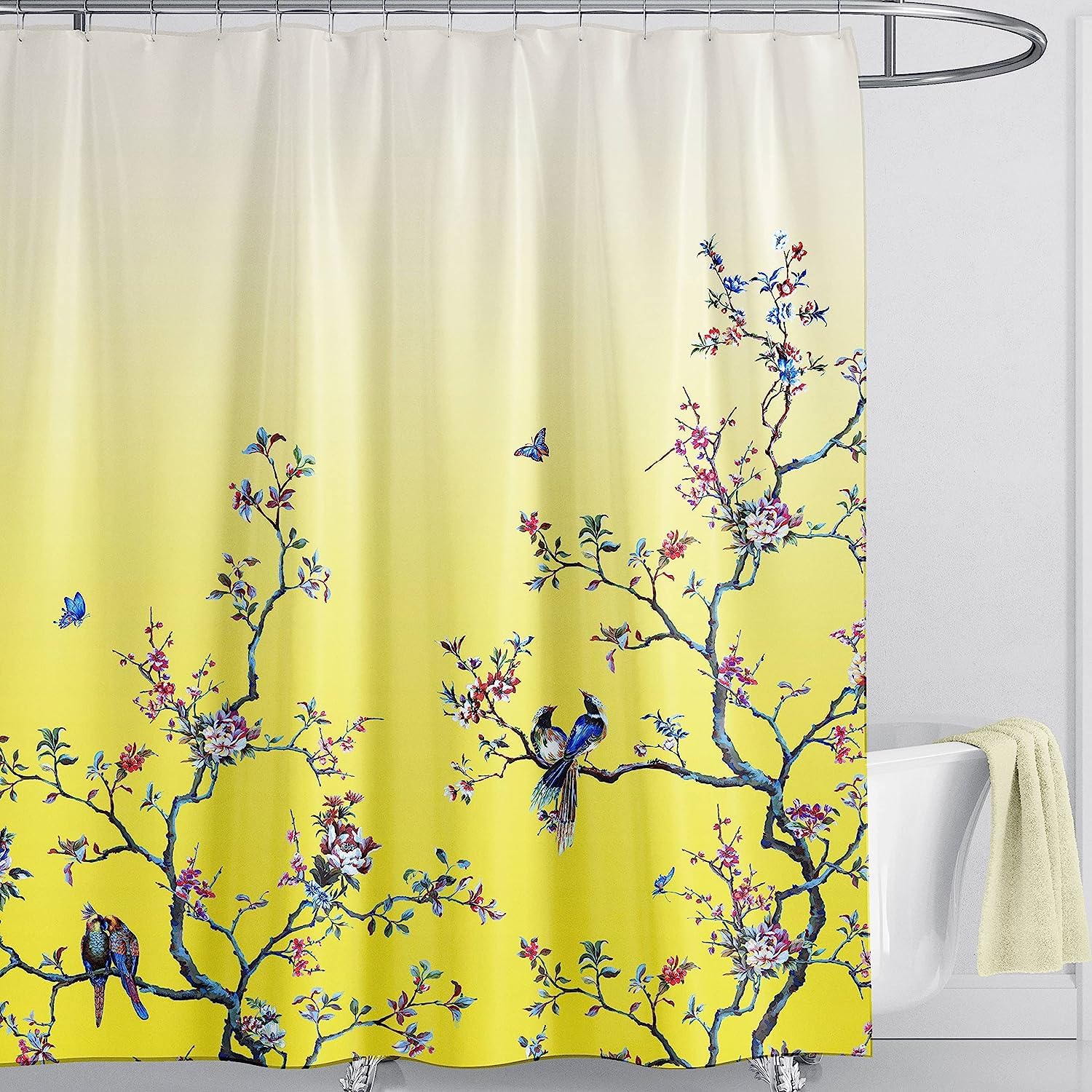 LIVETTY Yellow Bird Floral Shower Curtain | Waterproof Fabric 180x200cm