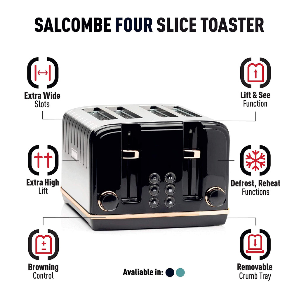 Haden Salcombe 4 Slice Toaster – Black Retro Stainless Steel, 2300W