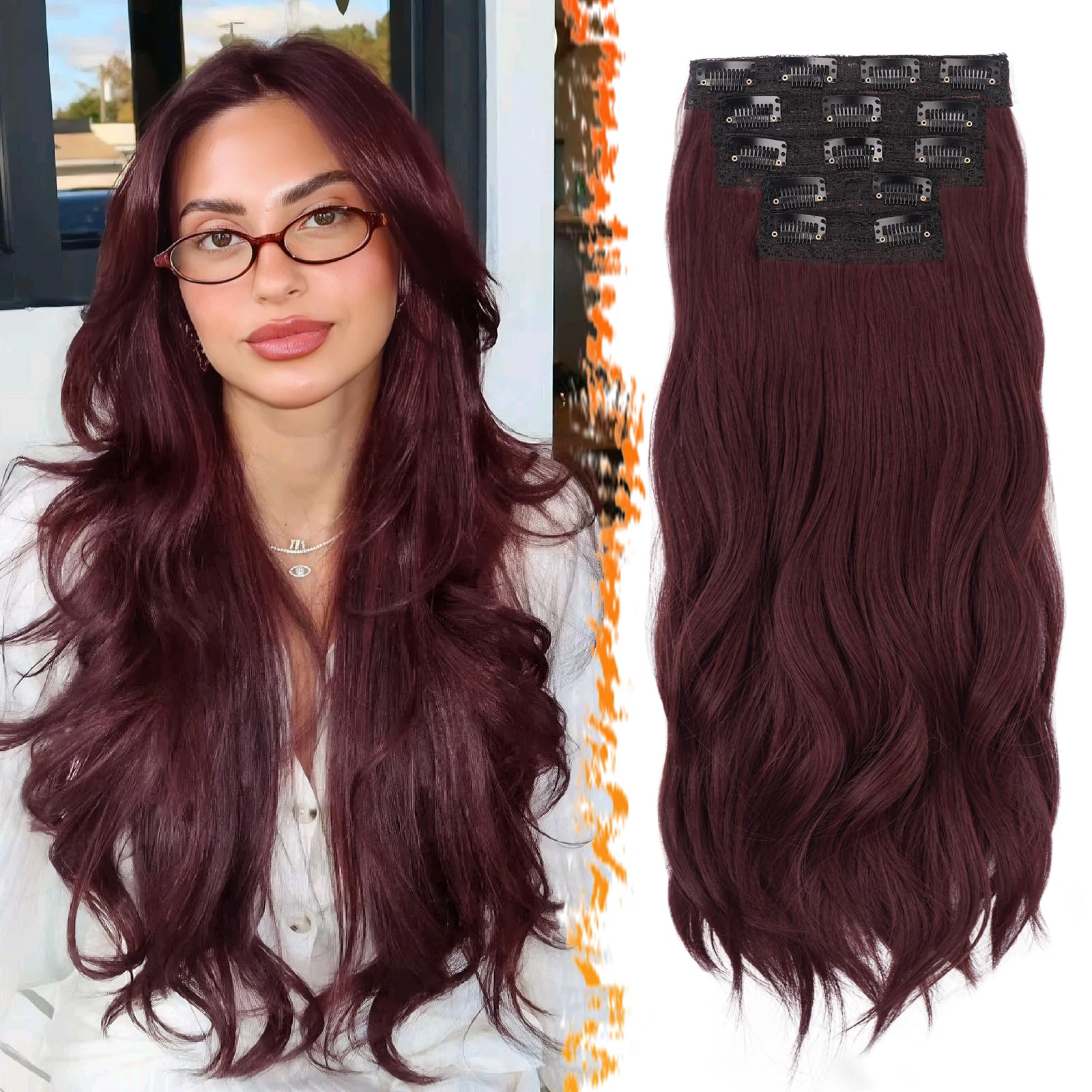 BARSDAR 20 Inch Loose Wavy Clip in Hair Extensions - Dark Burgundy 5 PCS