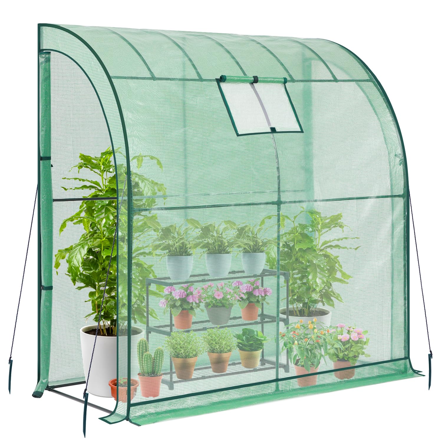 Ohuhu Lean-to Greenhouse with 3-Tier Shelving | Portable Walk-in PE Cover