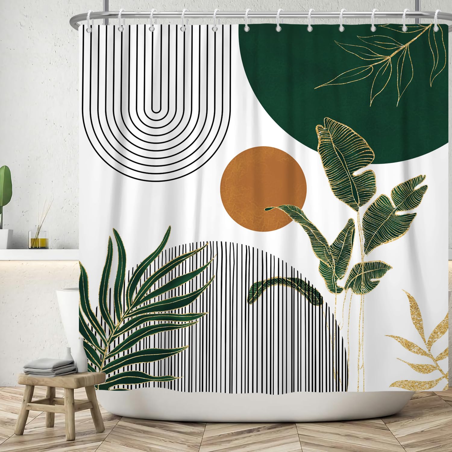 Boho Shower Curtain – Abstract Sun & Leaves Polyester 180x200