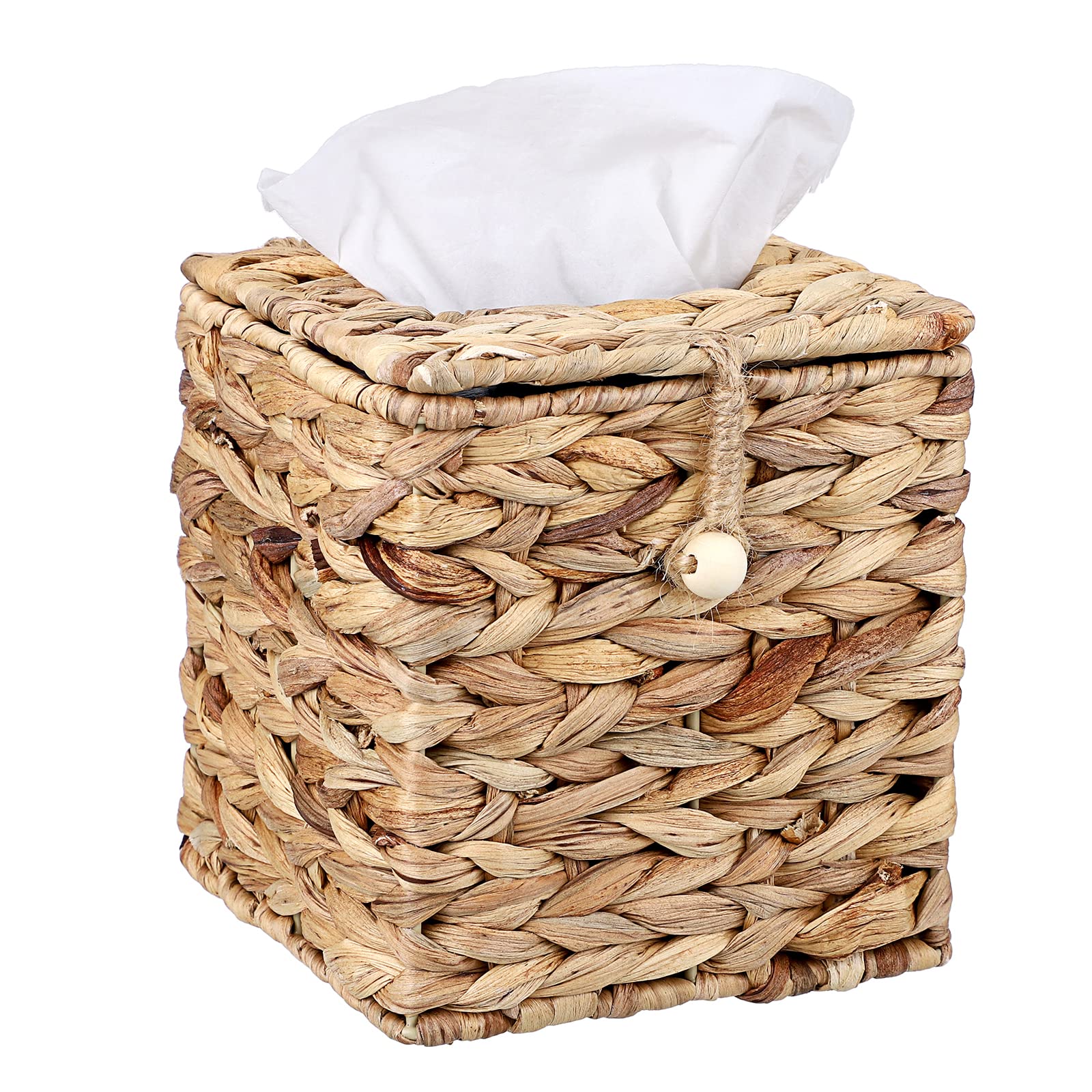 BSTKEY Square Water Hyacinth Tissue Box – Woven Napkin Holder with Lid