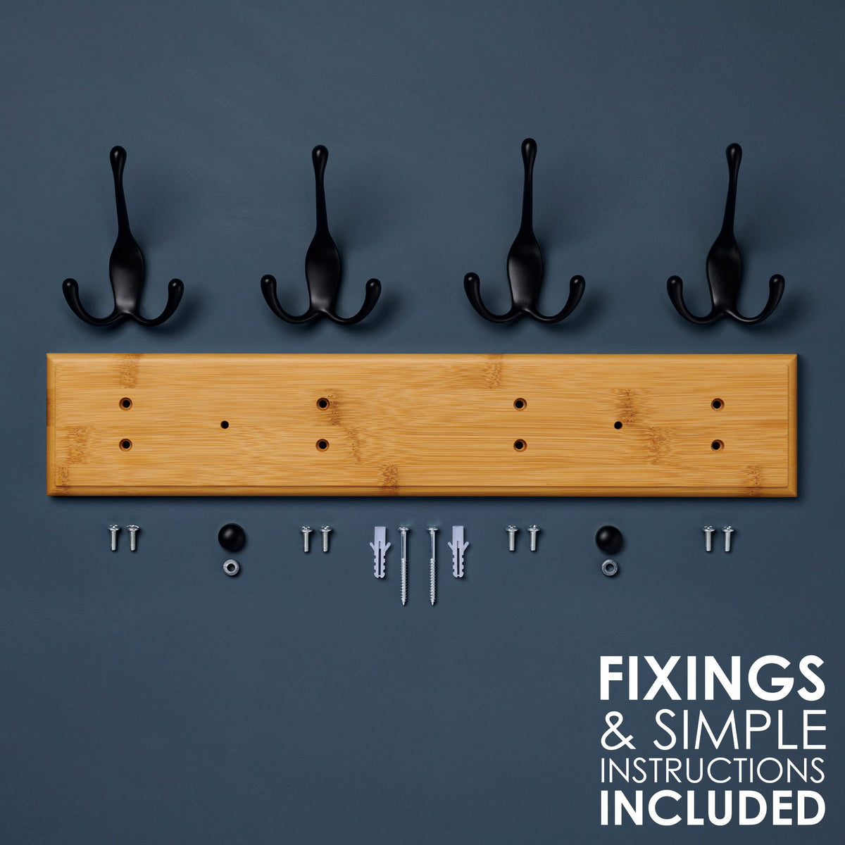 LARHN Wooden Wall-Mounted Coat Rack - 4 Black Coat Hooks, 42cm - image 5